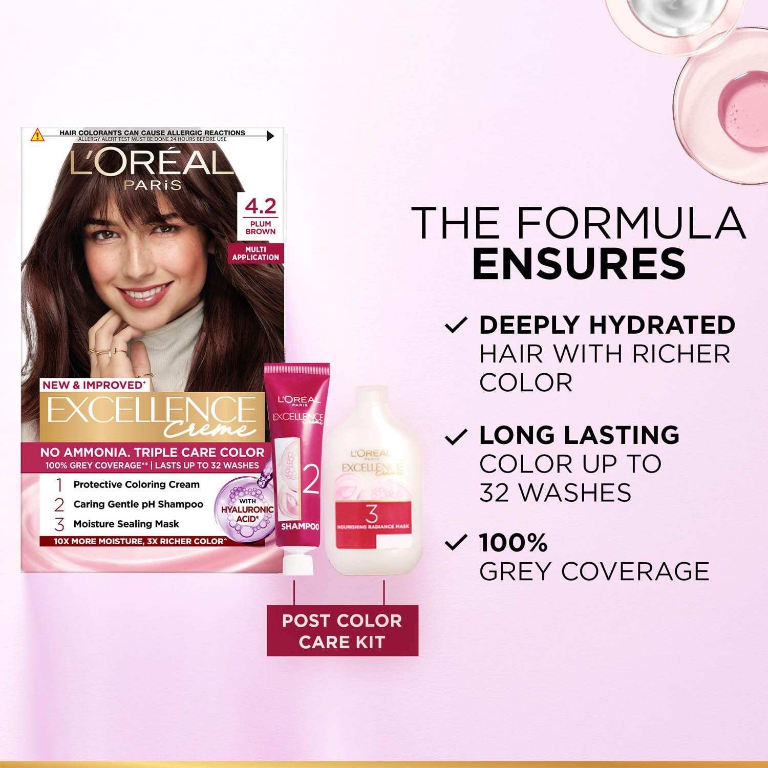 L'Oreal Paris Hair Colour, Radiant At-Home Hair Colour with up to 100% Grey Coverage, Excellence Creme, 4.2 Plum Brown, 72ml+100g 2