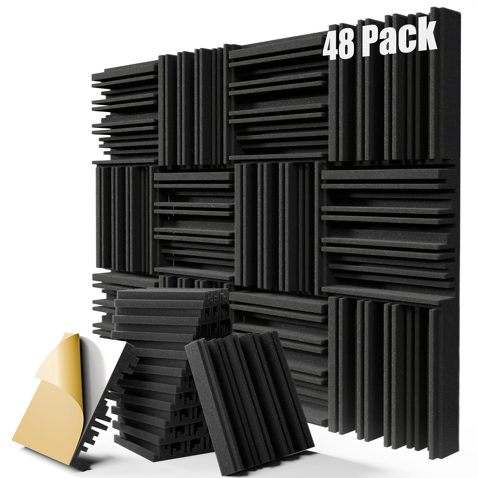 48 Pack Sound Proof Foam Panels for Walls, 12" x 12" x 2" Self-Adhesive Acoustic Panels, High-Density Soundproof Wall Panels for Studio, Home, and Ceilings (Black)