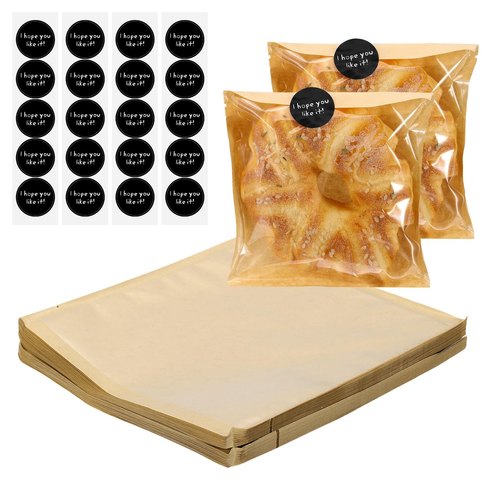 QUARKZMAN 200 Sacchetti Trasparenti Biscotto Con 240 Adesivi 18 x 19 cm Sacchetti Per Pasticceria Con Finestra Trasparente Per Biscotto Caramelle Regali Bomboniere Colore Giallo