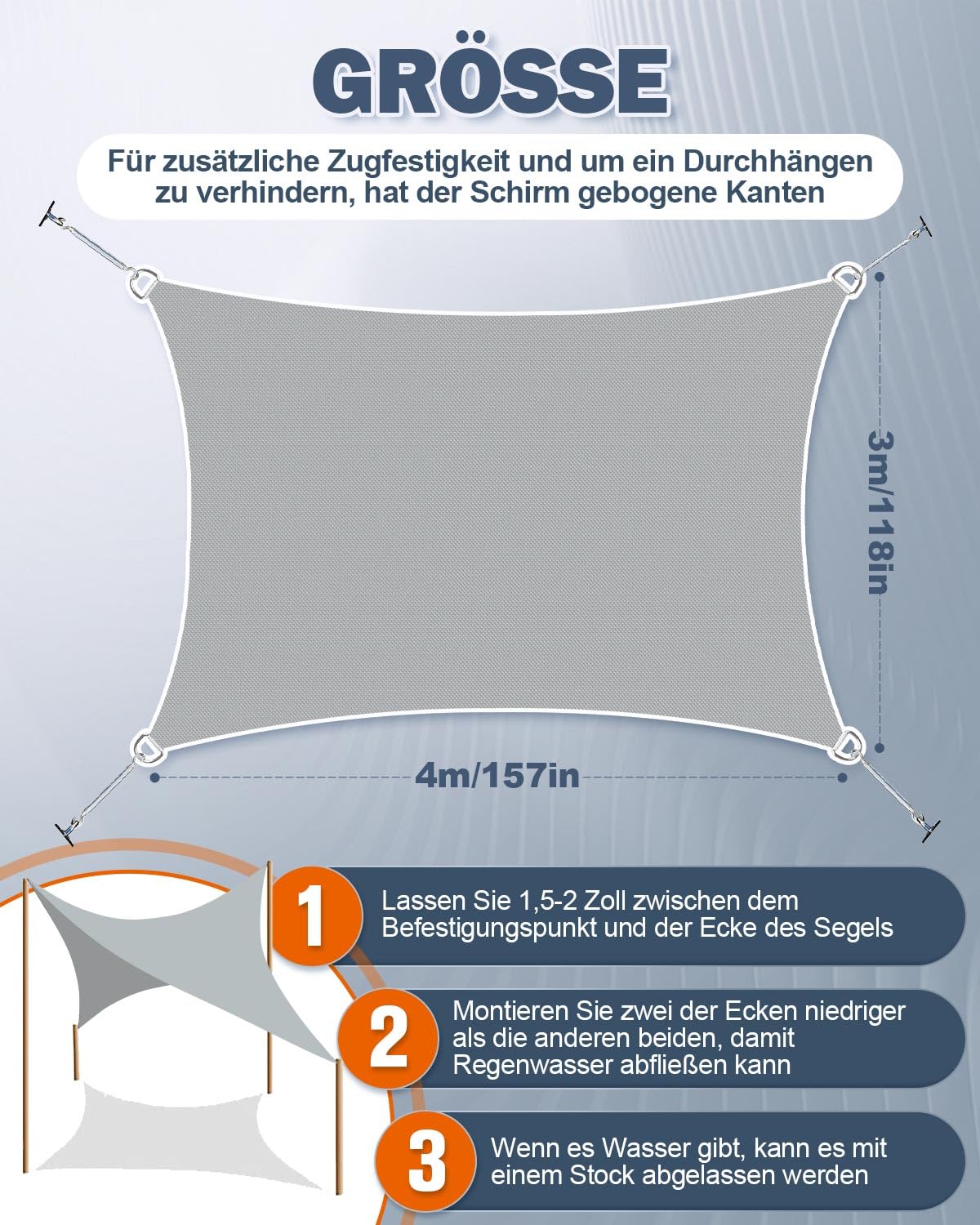 Sonnensegel Wasserdicht 3x4m Rechteckig, Premium HDPE 98% UV Atmungsaktiv, Mit Befestigung Set Und Rostschutz Ösen, Reißfest & Wetterfest, Geeignet für Außenbereich, Garten, Terrasse(Grau)
