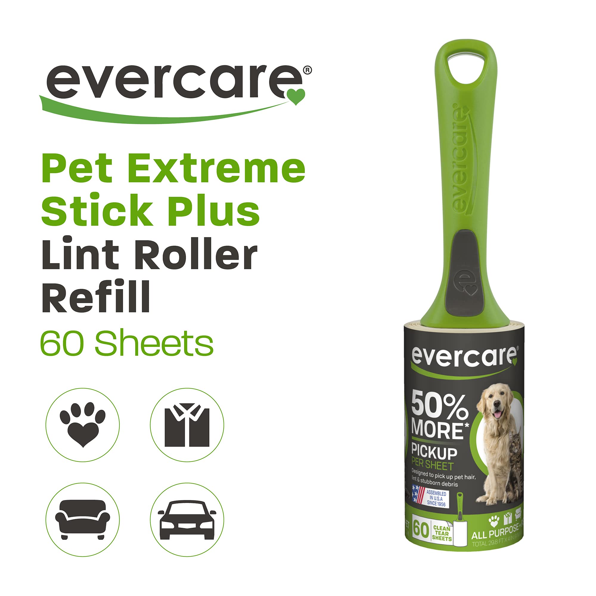 Evercare Rodillo de Pelusa Extra pegajoso de 60 Capas para Pelo de Mascotas