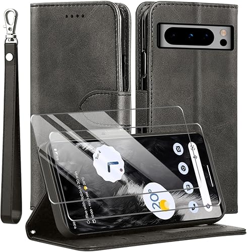 Funda para Google Pixel 8 Pro y protector de pantalla de vidrio templado, funda de piel sintética con tapa para teléfono protección completa ranuras