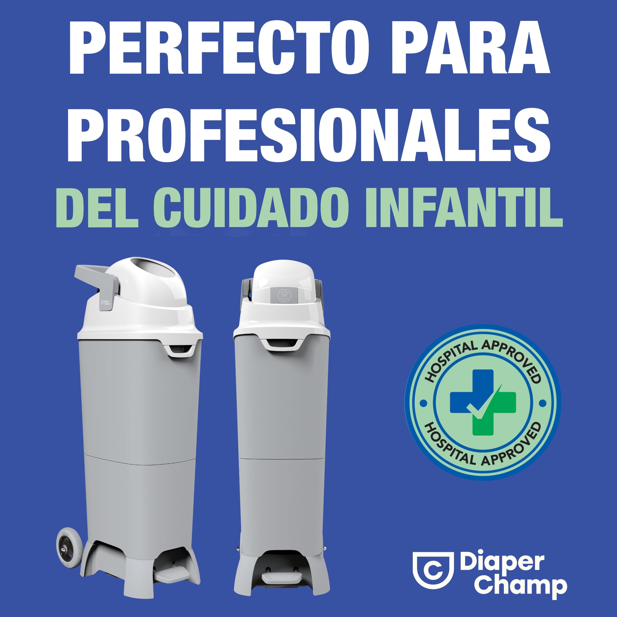 DIAPER CHAMP One Maxi Handsfree Plus - Cubo de pañales con pedal y ruedas, resistente al olor, funcionamiento sin contacto, sin cartuchos de relleno, para bolsas de basura normales, para aprox. 60