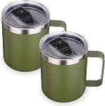 Volhoply 14oz Insulated Stainless Steel Coffee Mug with Leakproof Lid,Double Wall Vacuum Travel Coffee Cup with Handle,Reusable Metal Cups Tumbler,Camping Mugs Keep Hot/Cold(Army Green,1)
