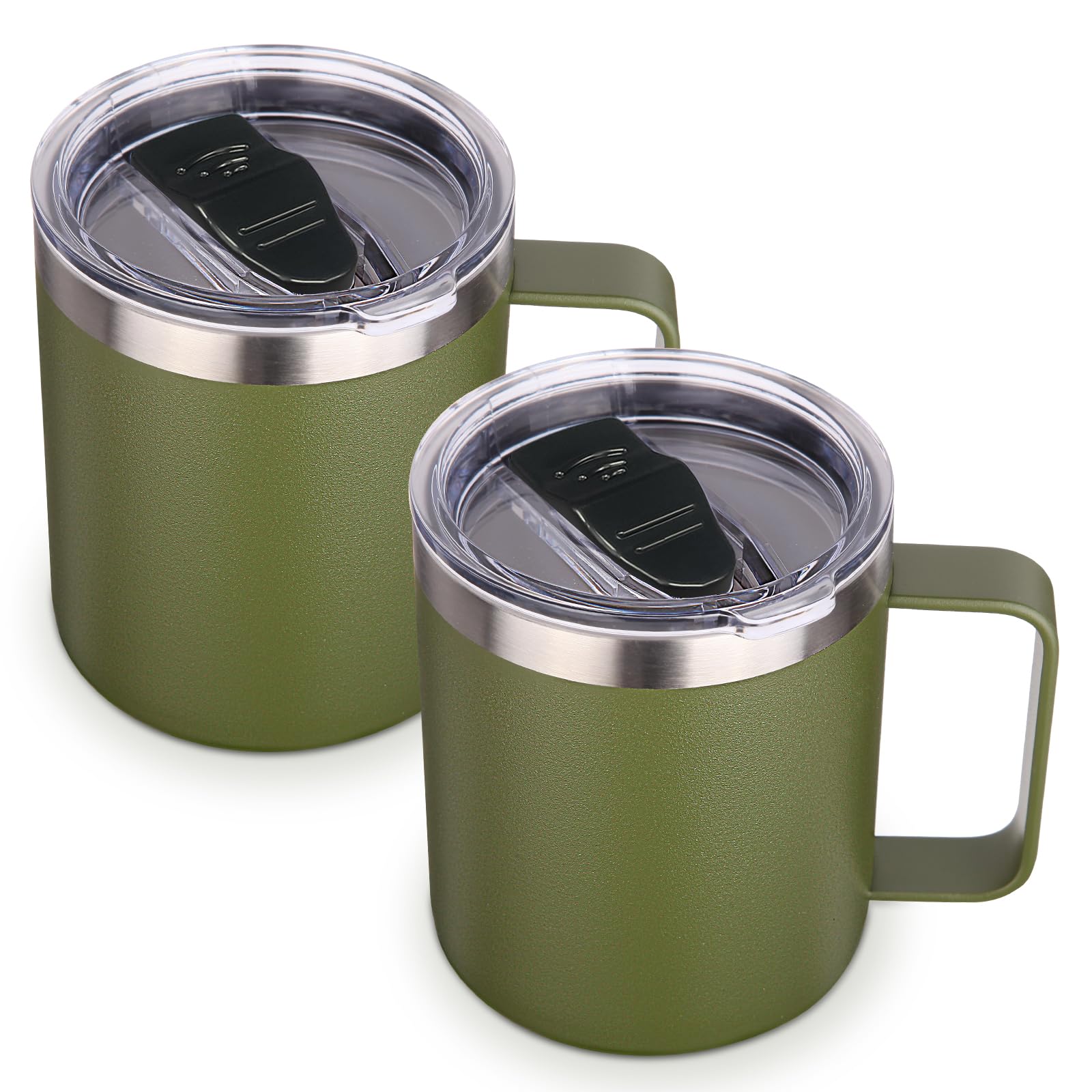 14oz Insulated Stainless Steel Coffee Mug with Lid Bulk 2 Pack,Double Wall Vacuum Travel Coffee Cup with Handle,Reusable Cups Tumbler,Camping Mugs Keep Hot,Ideal Gifts(Army Green,2)
