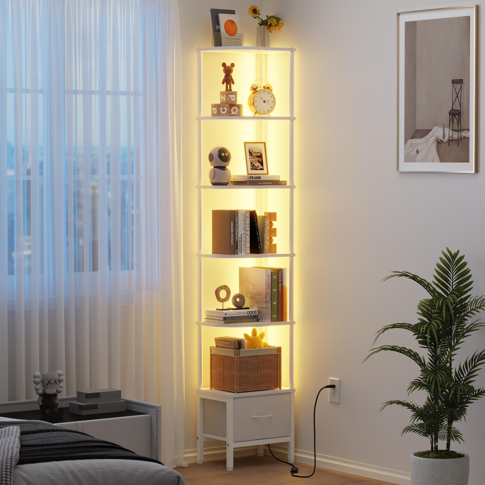 OYRREU Regal, Bücherregal mit 6 Ebenen, Regal mit LED Beleuchtung und Stoffschublade, Schmales vitrine für Ecken, Wohnzimmer, Schlafzimmer, Eckregal, 191 cm Weiß