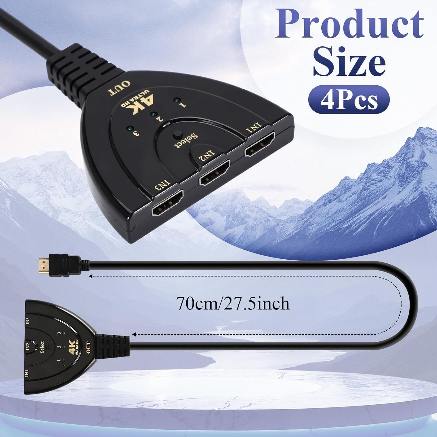 Relaxweex 4 Pcs HDMI Switch 3 in 1 Out 3 Port HDMI Switcher with Pigtail Cable Splitter Hub Selector Box Supports Full HD 4k 30hz 3D 1080p Hdcp1.4 for DVD Player PC TV