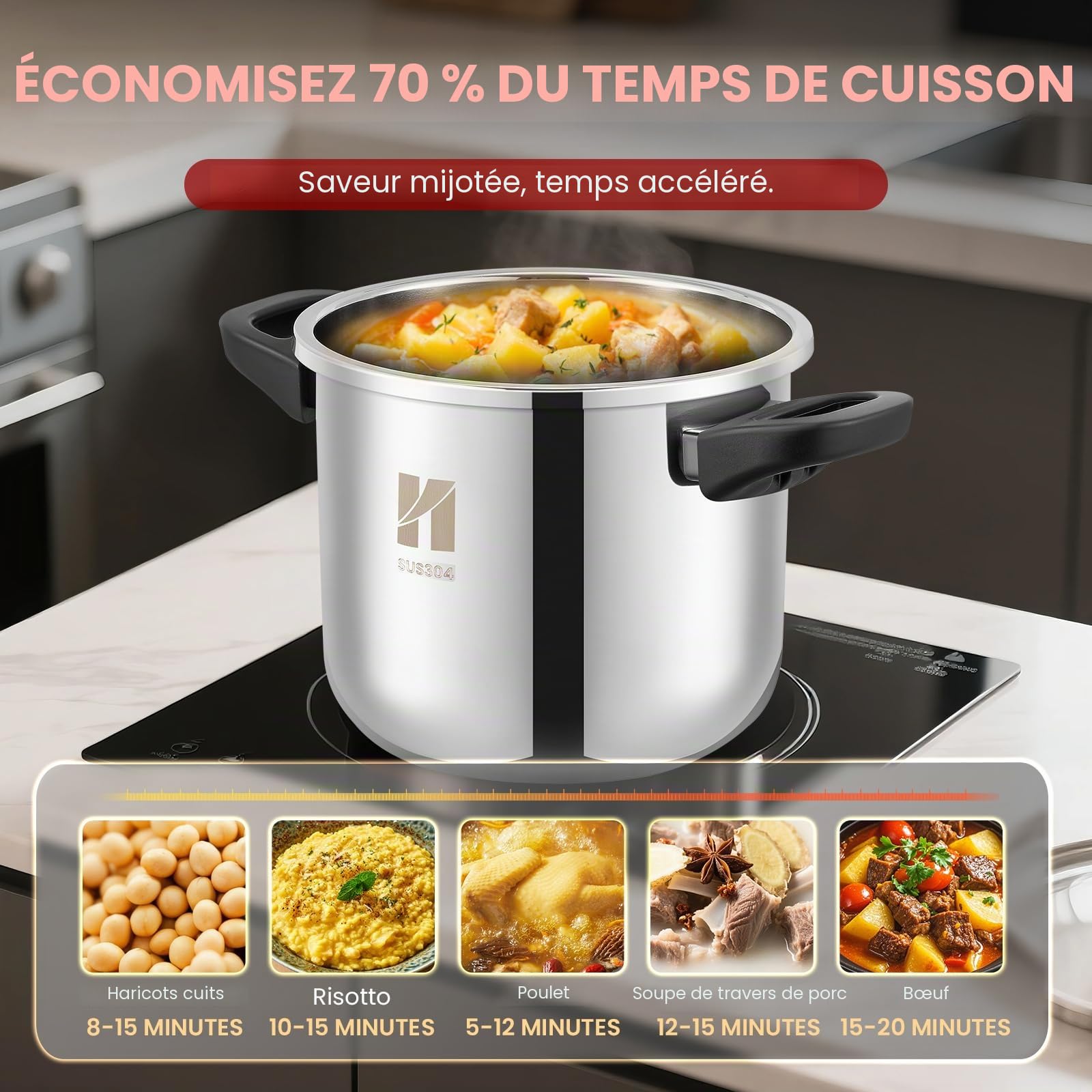 Huanyu Autocuiseur 3 en 1 Autocuiseurs en acier inoxydable de 7 litres avec plaque vapeur et couvercle en verre Autocuiseur antidéflagrant adapté à tous les types de plaques de cuisson (7 L)