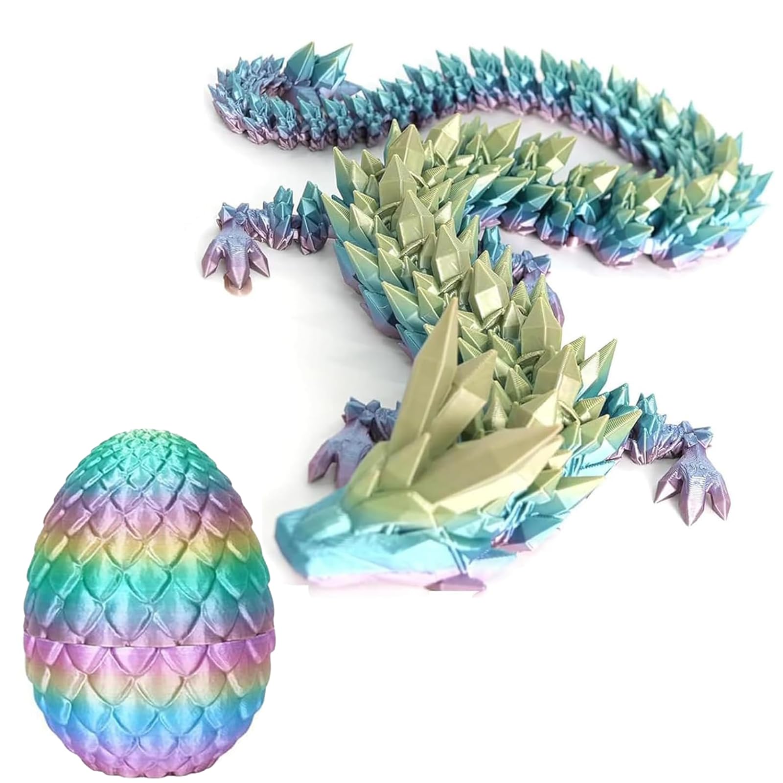 3D Printed Dragon Egg, 30cm Crystal Dragon with 13cm Dinosaur Egg, Flexible 3D Printed Toys Articulated Dragon, 3D Printed Animals Dragon Landscape Decoration (Rainbow Color)
