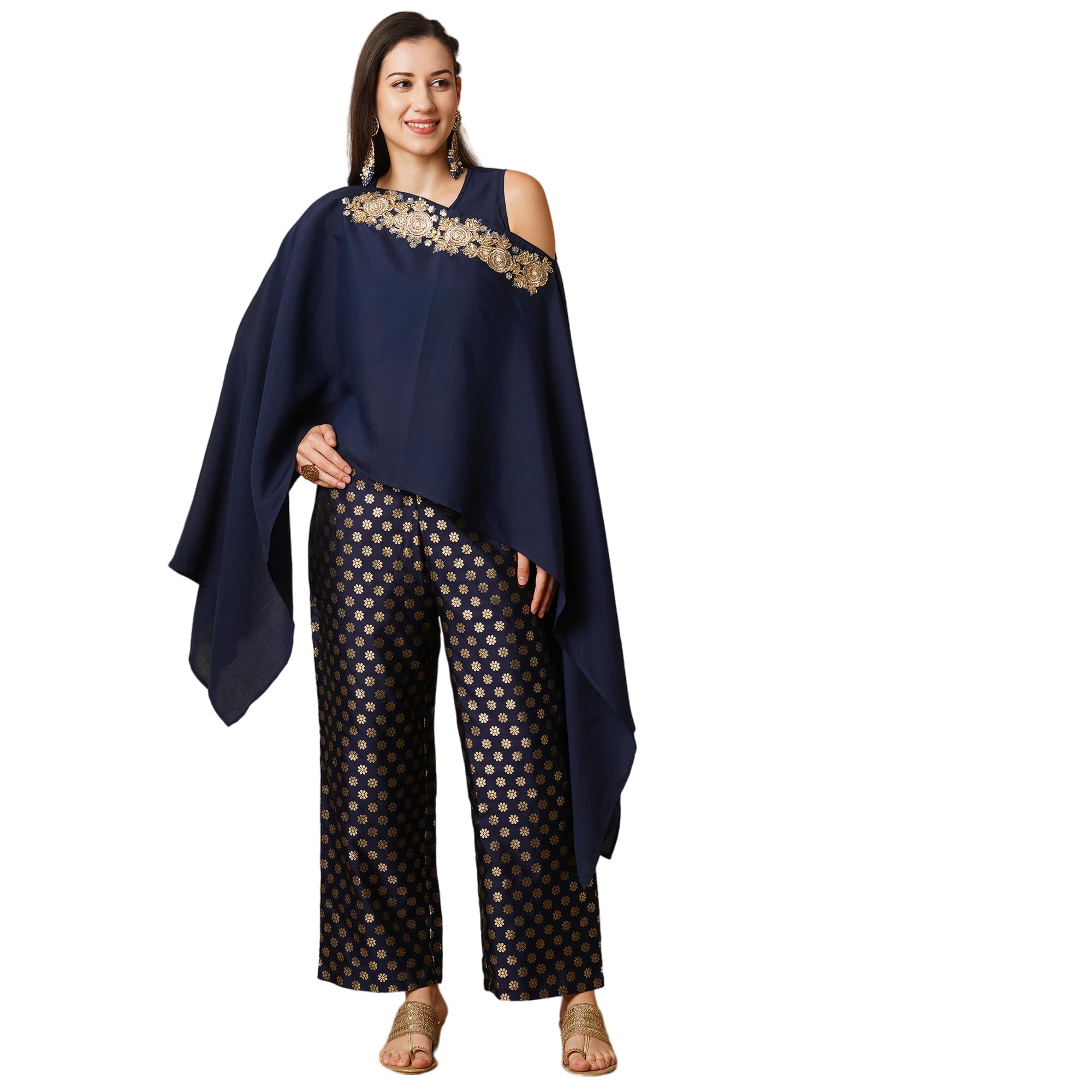 globus Women Woven Design Boat Neck Flared Sleeves Poncho Top & Floral Gold Foil Print Partially Elasticated Ankle Length Mid-Rise Pants Fusion Co-Ord Set-picture-28