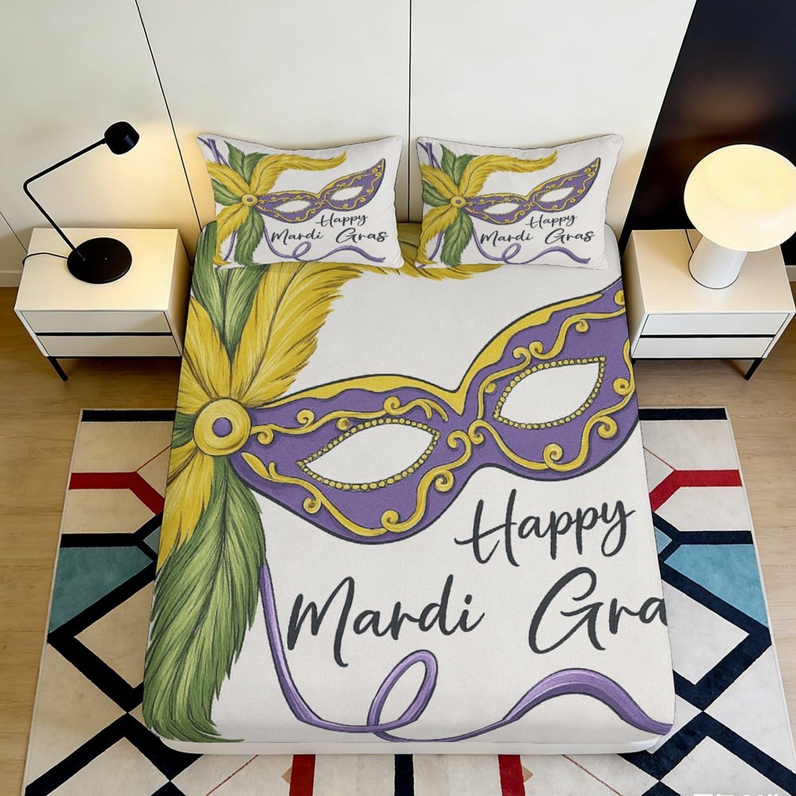 3D Printed Carnival Mask Fitted Sheet Microfiber Deep Pocket Non-Slip Bedroom Bedding Carnival Mask Mattress Fitted Cover Washable 200x200x25cm
