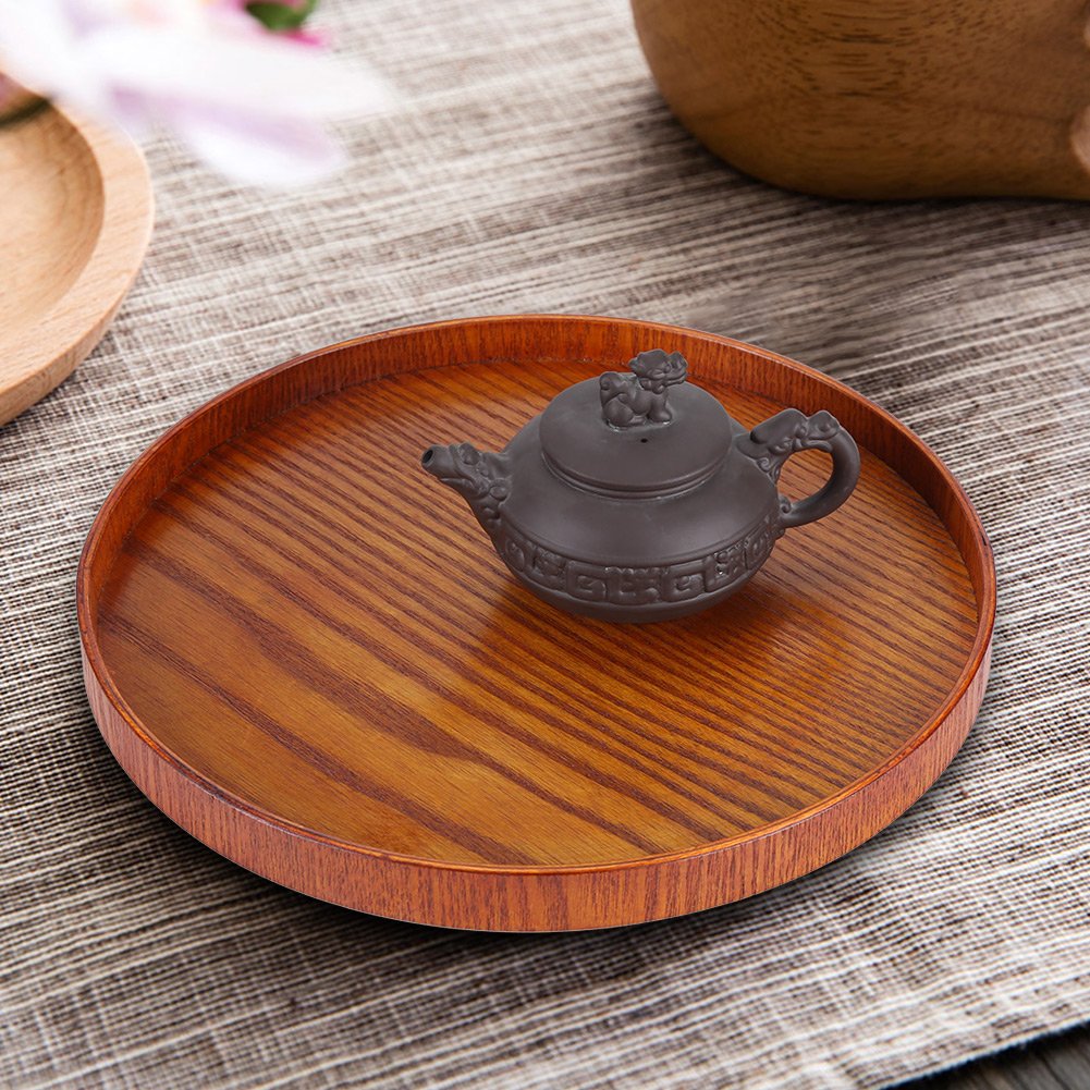 Bandeja Redonda De Madera Natural Para Servir, Plato De Madera Platos Para Servidor De Comida Y Te Plato Para Bebidas Y Agua 27cm
