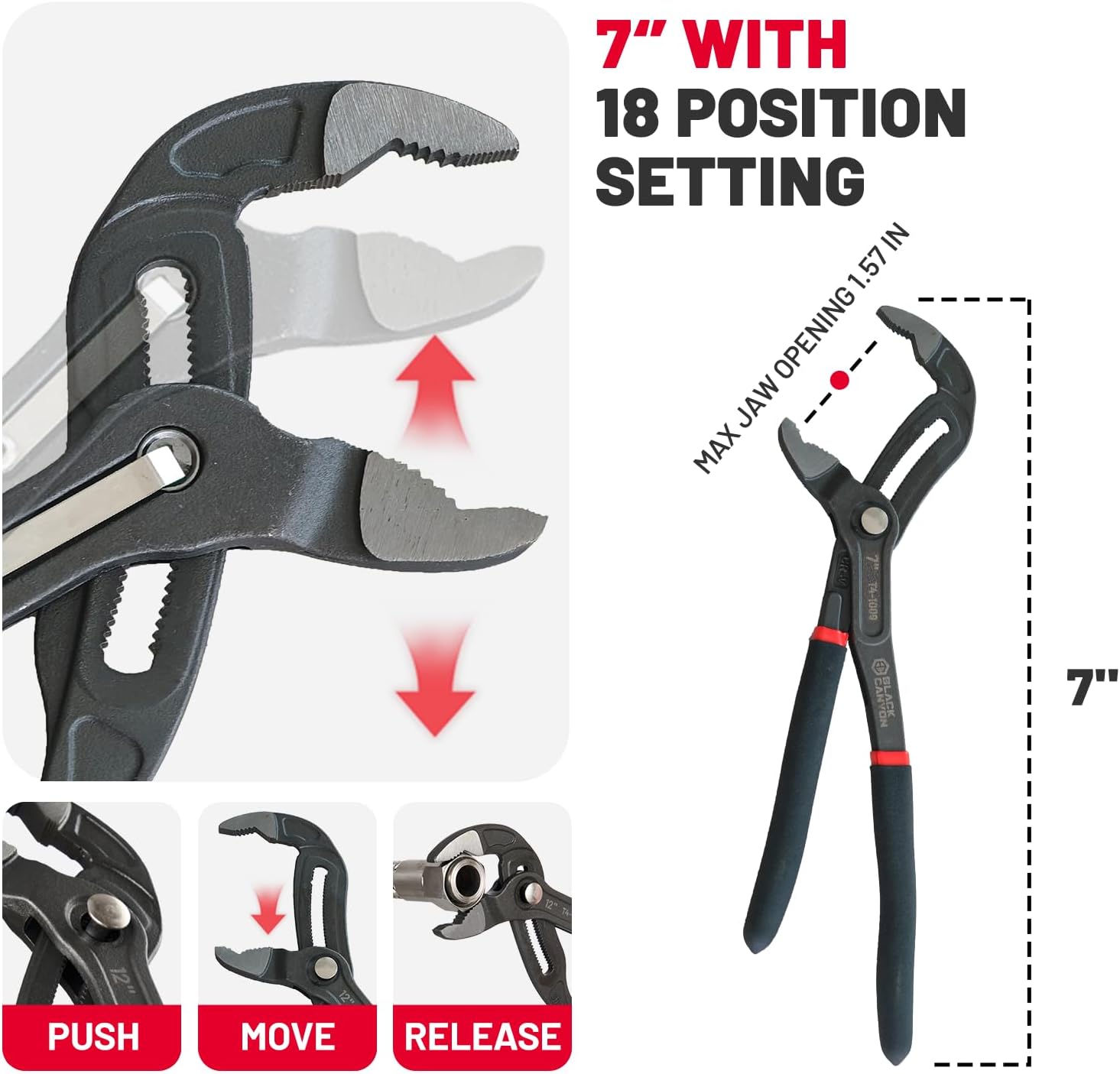 BLACK CANYON 7" Tongue and Groove Pliers, V-Jaw Groove Joint Plier with 25 Adjustable Positions, Heavy Duty 50 Cr-V Steel, Non-Slip Ergonomic Handle for Plumbing, Nuts, Bolts & Automotive Repair