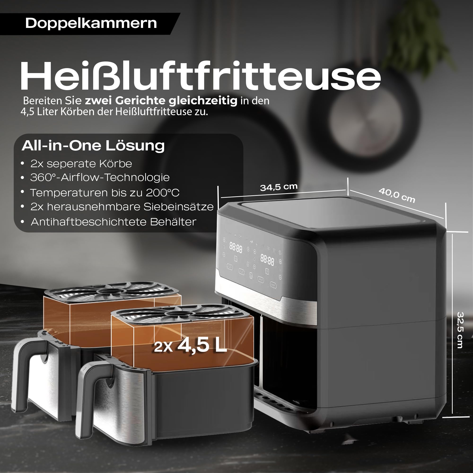 HEINRICHS frytkownica na gorące powietrze, podwójna frytkownica na gorące powietrze, XXL Air Fryer, frytkownica na gorące powietrze z podwójną komorą, 9 programów, wyświetlacz LED z obsługą dotykową,