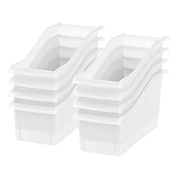 IRIS USA Plastic Book Bin Magazine Holder, 8-Pack, Vertical Standing Connecting Container Box for Office Dorm Study Homework Binder Notebook File Craft Stationery Supplies Organizer Caddy, Clear