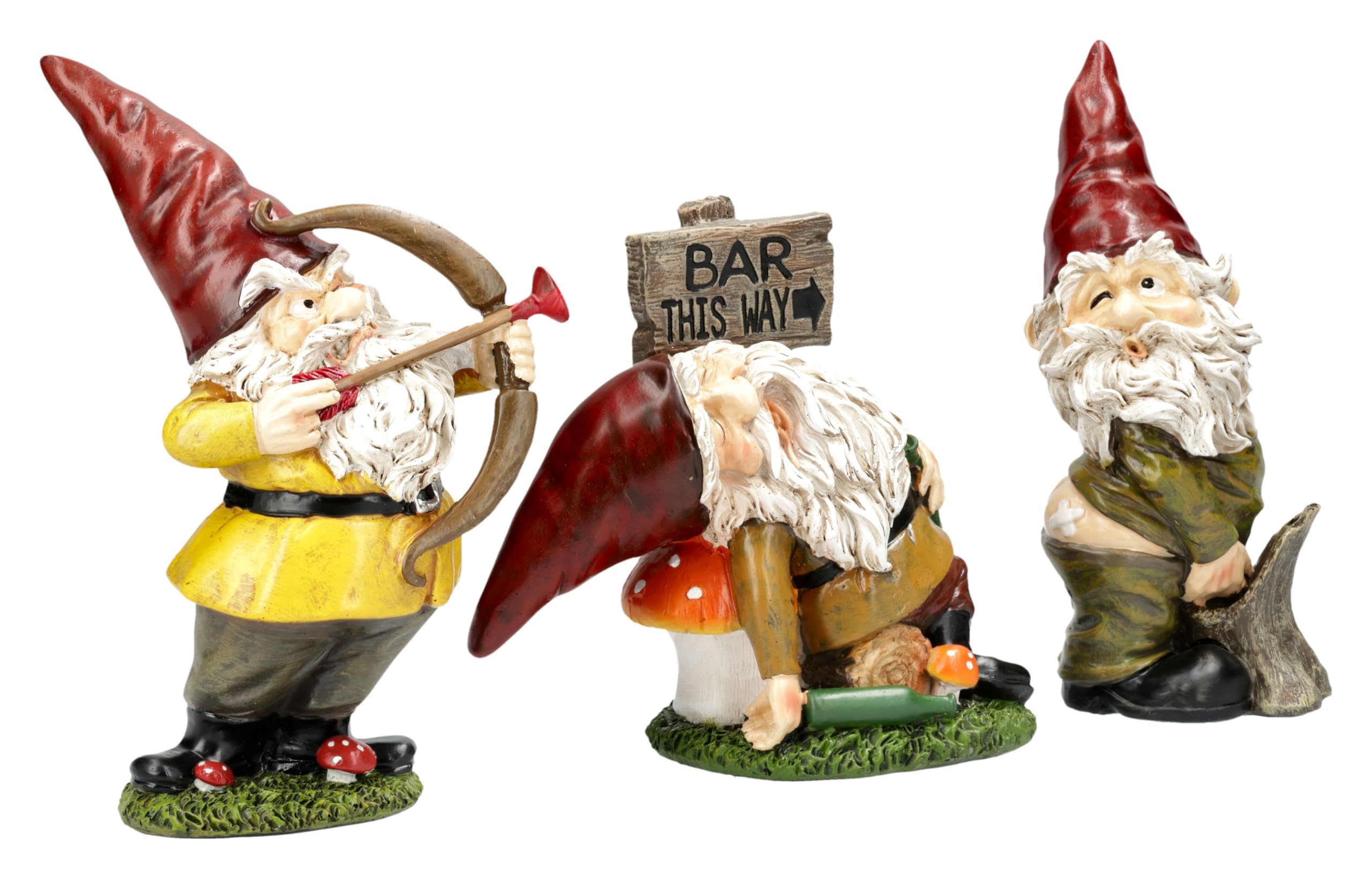 Figuren Shop GmbH Gartenfigur Gartenzwerg Set 3er 15-19 cm – freche Zwerge mit Amor, pinkelndem Zwerg und Säufer aus Polyresin, handbemalt und wetterfest – Dekofiguren Gartendeko 3-teilig