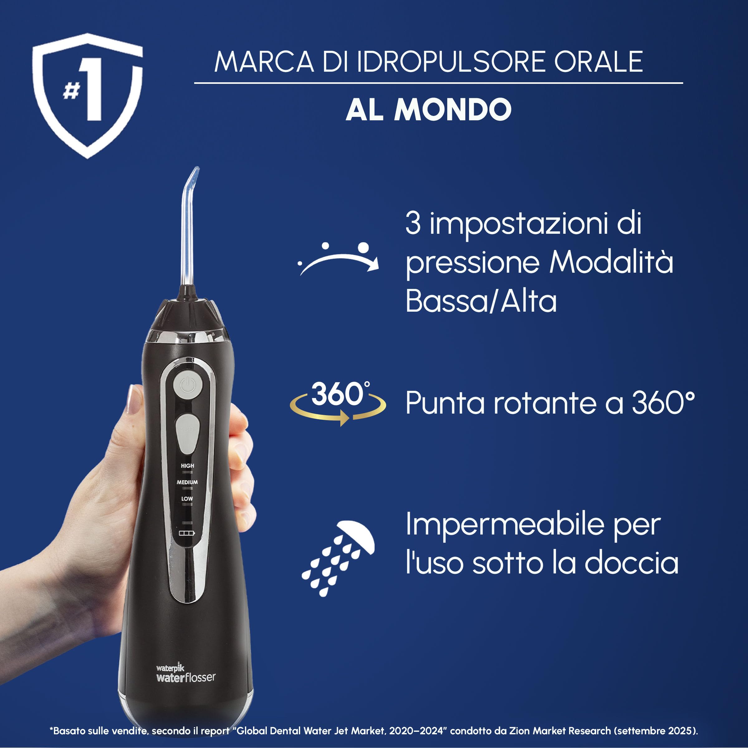 Waterpik Idropulsore Dentale Portatile, 3 Impostazioni di Pressione, Assicura la Rimozione Placca Dentale ed è Utilizzabile in Viaggio o in Bagni Piccoli, Batteria Ricaricabile, Nero (WP-582EU)