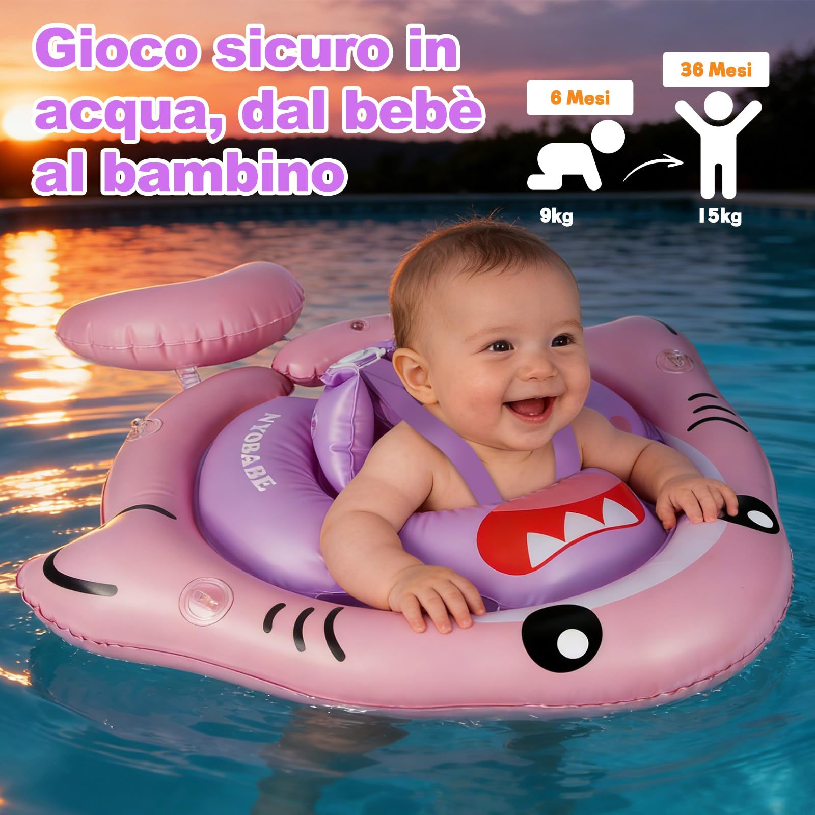 NYOBABE Salvagente Neonato con Parasole SPF 50+, Ciambella Neonato Mare 6-36 Mesi con Camera d'aria Posteriore Anti-Ribaltamento, Salvagente Bambini 9-15Kgs