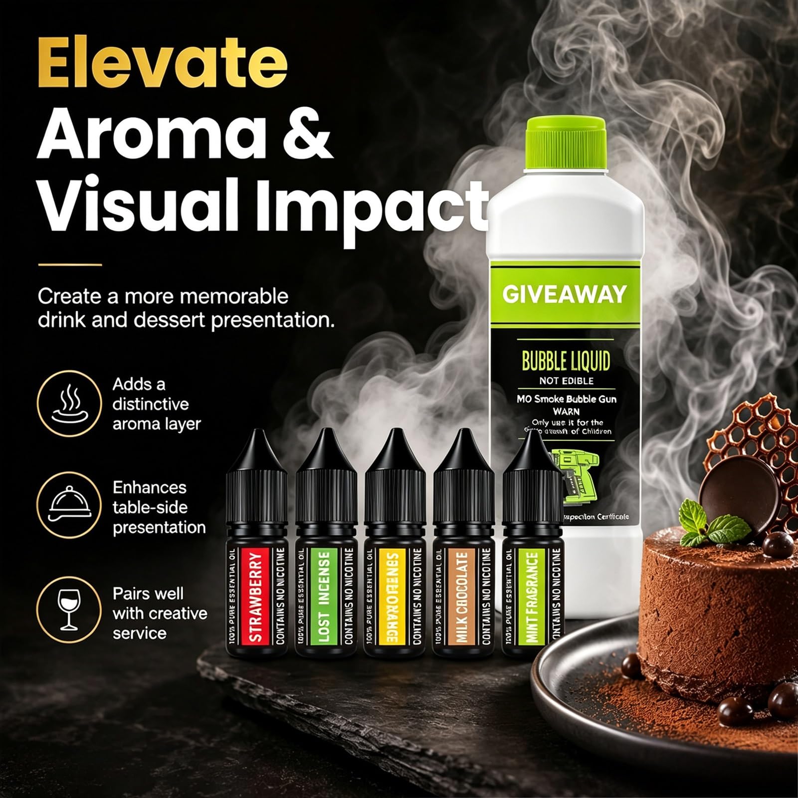 Akcesoria do wyrzutni aromatów wędzarni koktajlowej | Z aromatycznymi olejkami aromatycznymi w 5 smakach i płynem do baniek, na wesela i profesjonalną obsługę barową