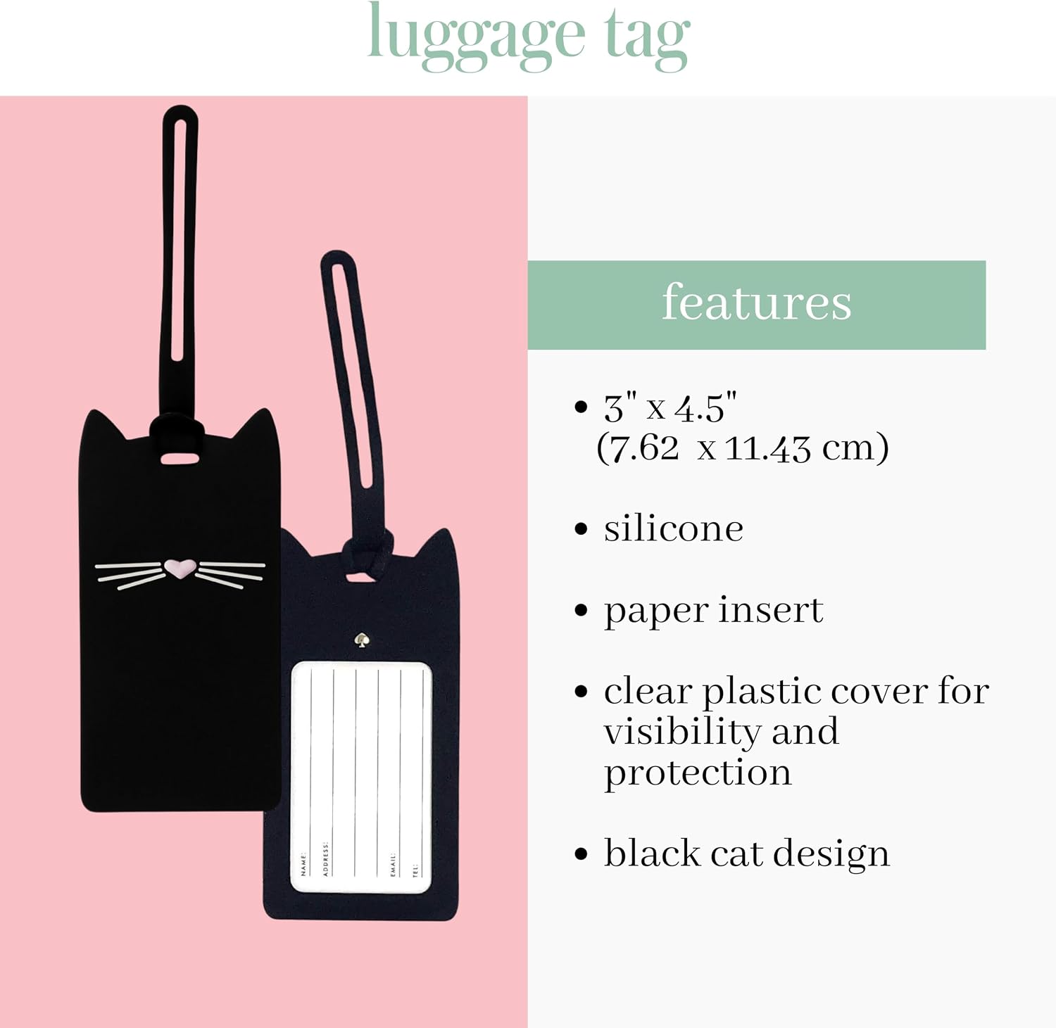 Kate Spade New York Silicone Luggage Tag with Durable Strap, Suitcase Identifiier Black Cat