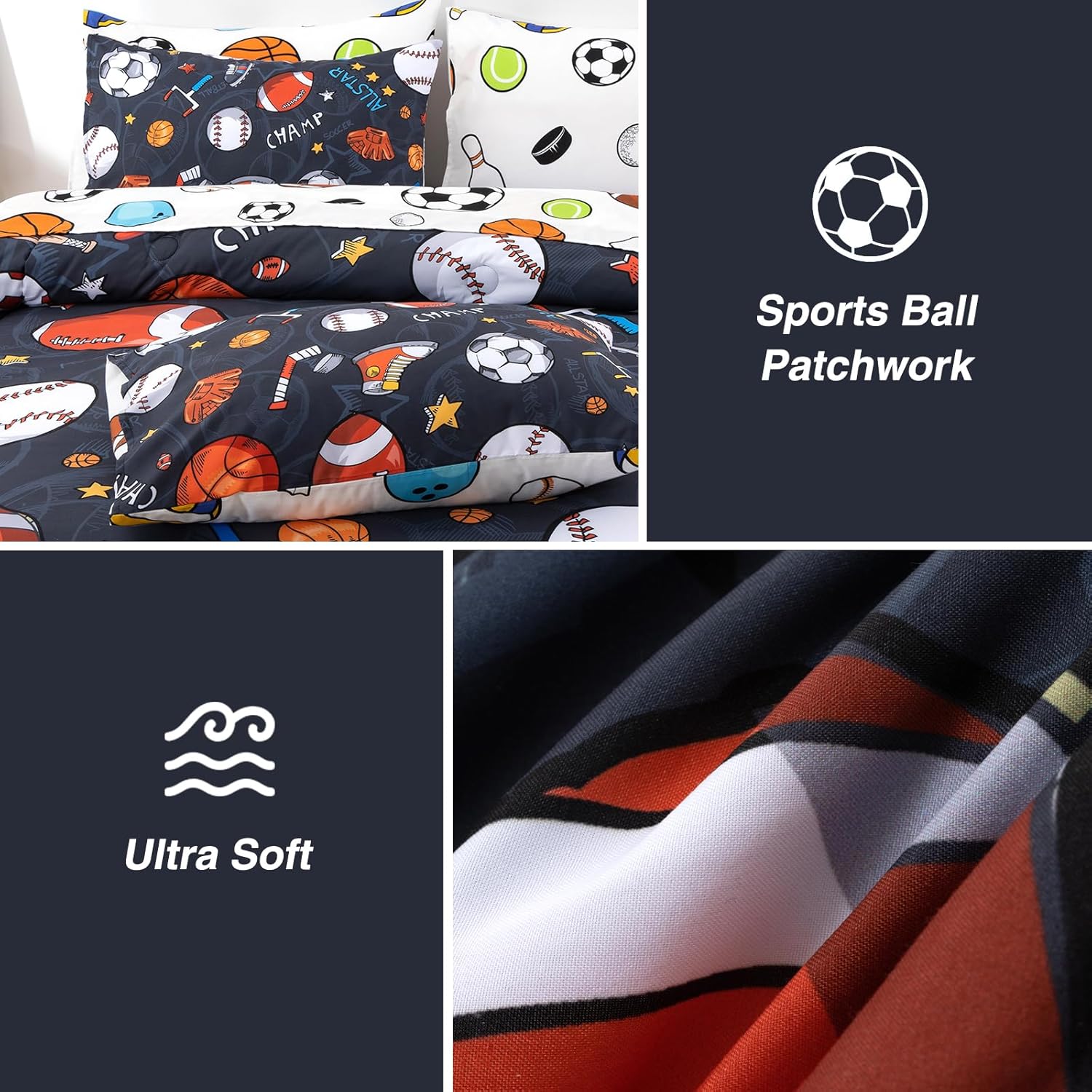 A Nice Night 6Pcs Bed in A Bag Full Sports Microfiber Modern Comforter Set,Gray Rugby Ball Printed Bedding Collections,for Boys Kids Teen - Image 5