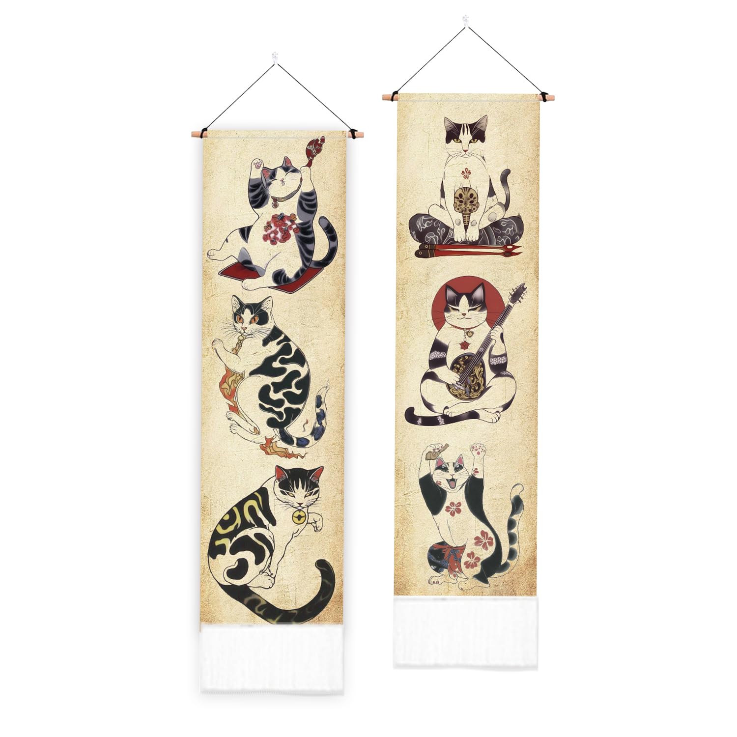 PLIGREAT Confezione da 2 Arazzo Verticale Stile Giapponese Retro Gatti Estetica Arazzo Da Parete Per Camera Da Letto Soggiorno Decorazione Della Casa Lungo Arte Sottile Arazzo Con Nappe