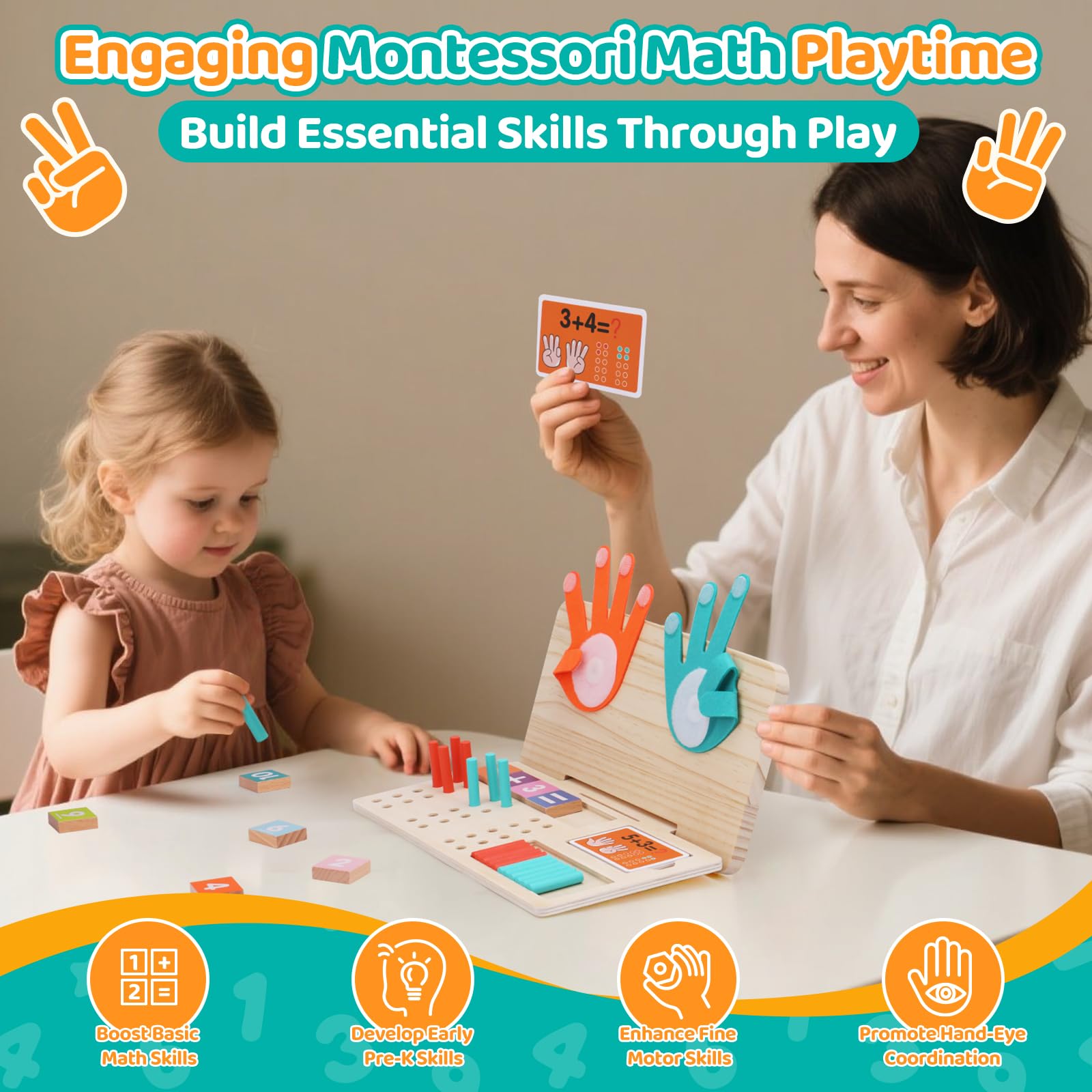 Jouet Montessori Mathématiques En Bois – Blocs Chiffres, Bâtonnets Comptage Et Comptage Sur Doigts – Éducatif 2-5 Ans – STEM Sensoriel
