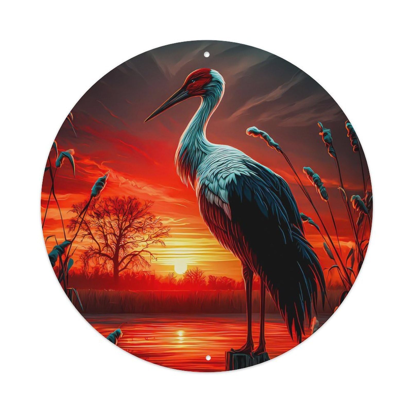 Animal Poster Red-crowned Crane Sunset Wetland Landscape Nature Scenic Vintage Metal Tin Sign Plaque Wall Decor for Cafe, Club Bar, Office, Garden Metal Poster 8x8Inch