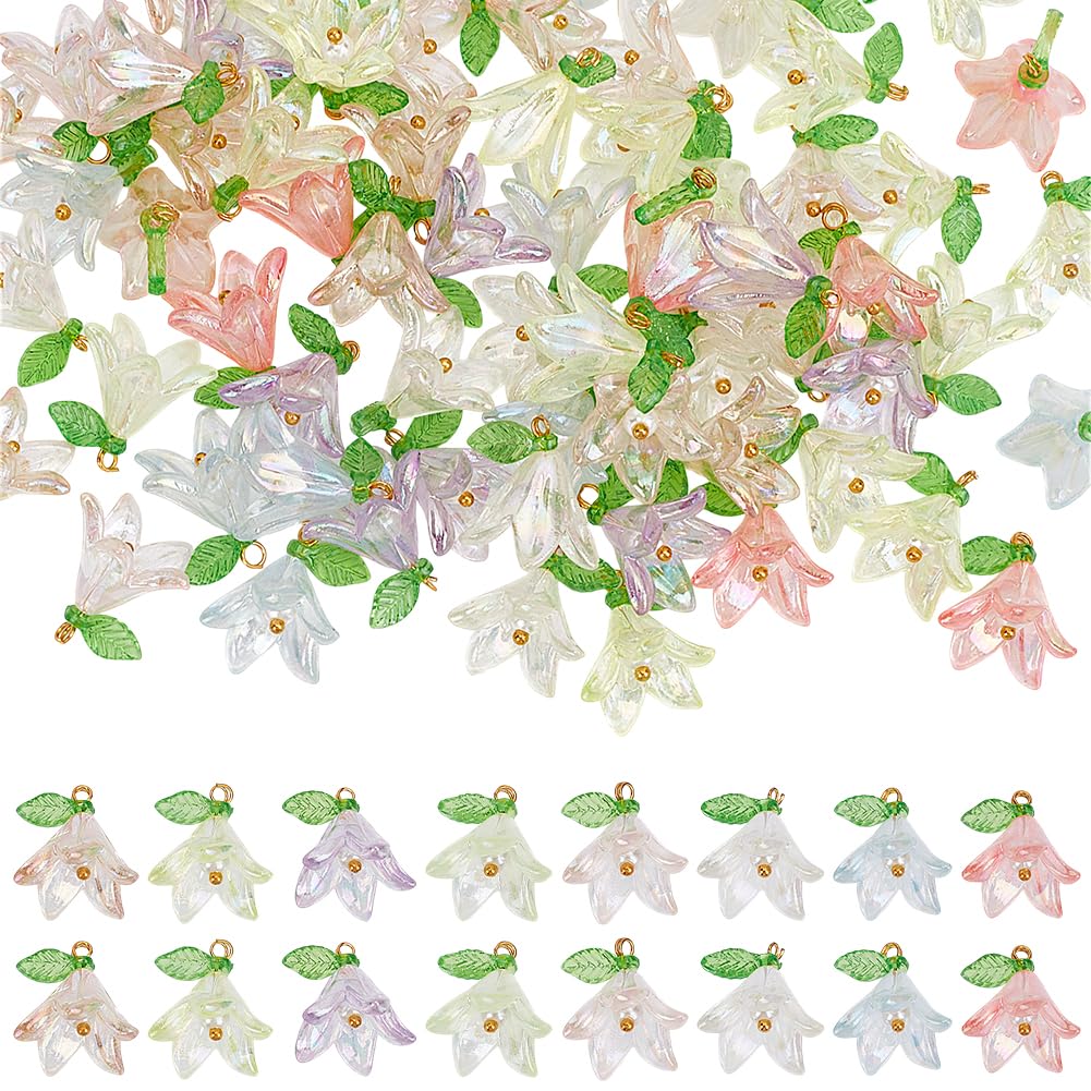 arricraft 60 Pcs 8 Colors Glass Flower Charms,19mm(0.75inch) Colorful Crystal Flower Pendant with Pearl Clear Acrylic Floral Charms Trumpet Flower Beads for Jewelry Making Craft