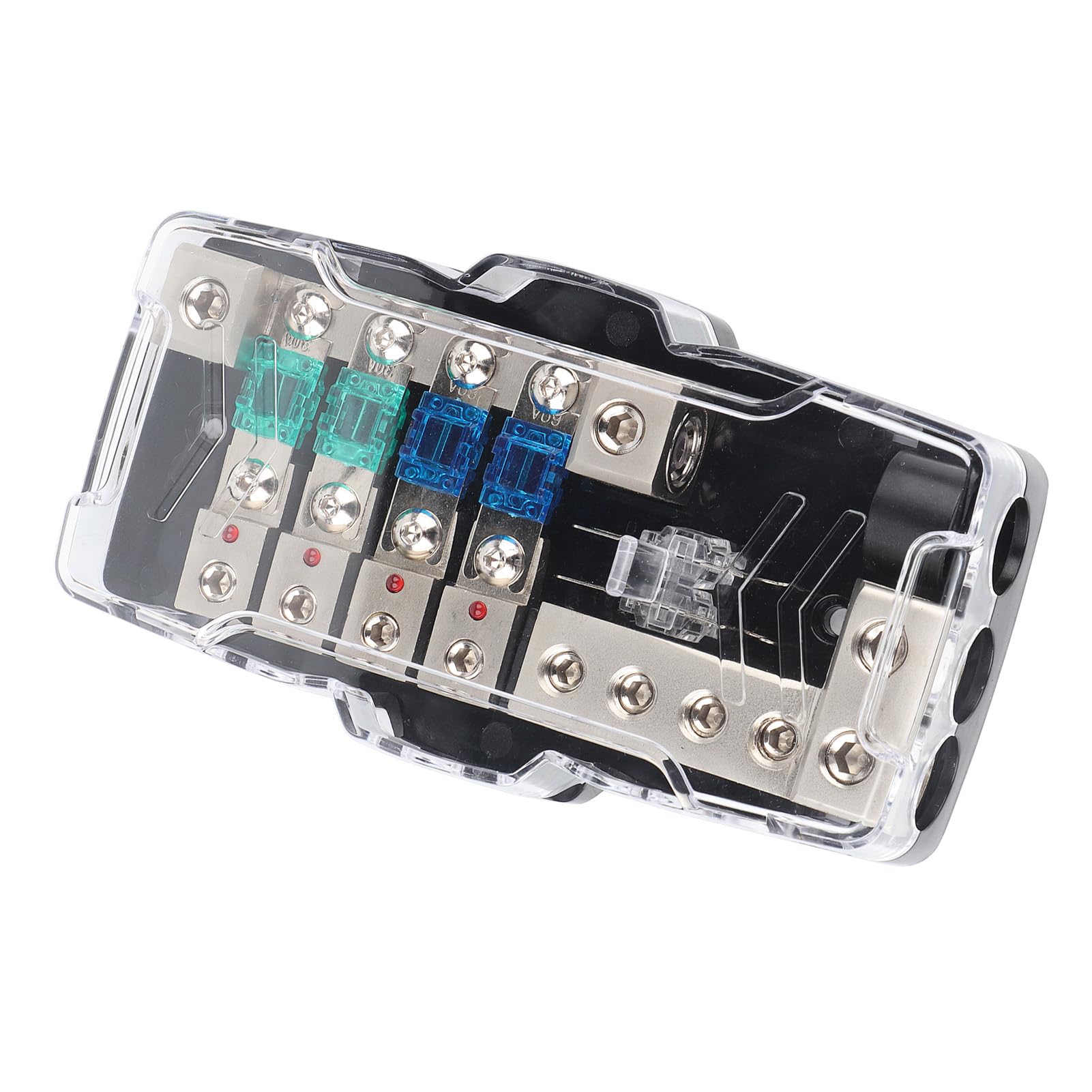 Caja de Fusibles para Audio Estéreo de Coche, Soporte de Distribución Multifuncional de 4 Vías con Indicador LED para SUV, ATV, UTV y Vehículos Marinos