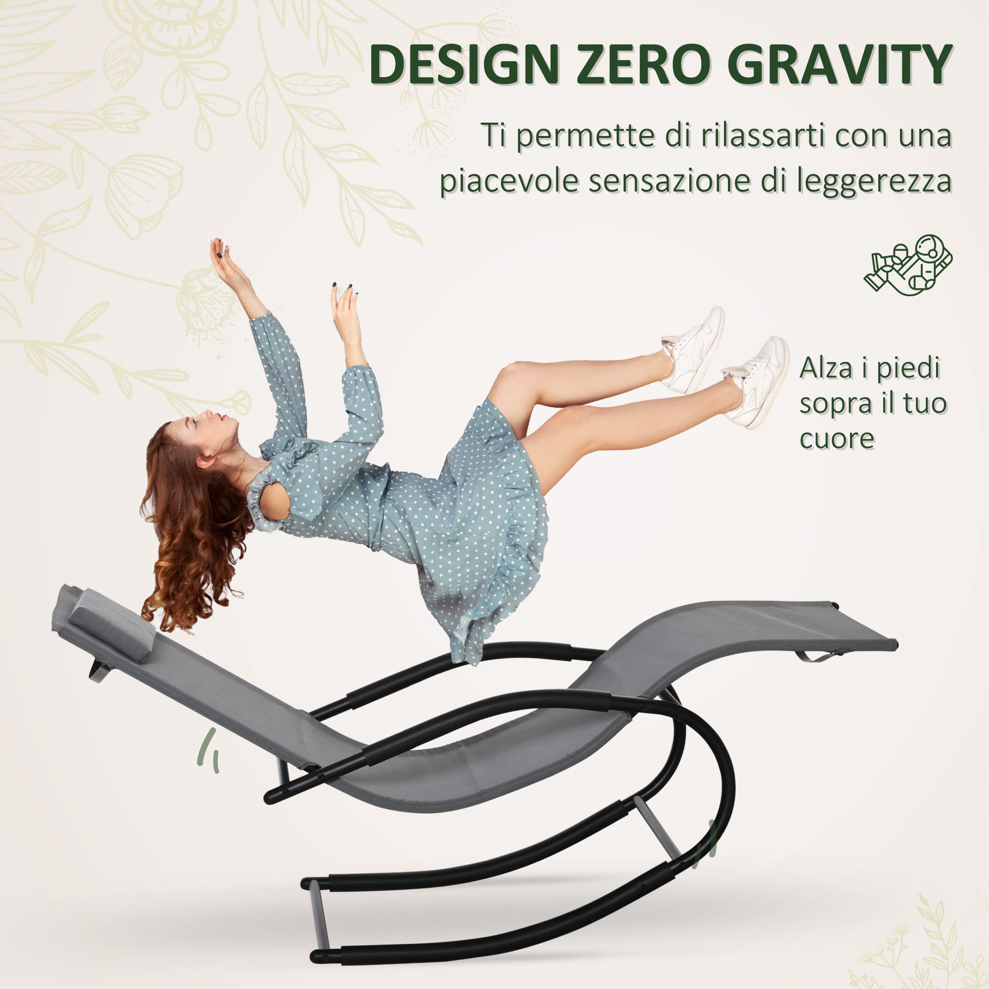 Outsunny Sdraio a Dondolo Gravità Zero per Esterno e Interno, Sdraio Relax in Metallo e Lettino Ergonomico in Texteline, Grigio