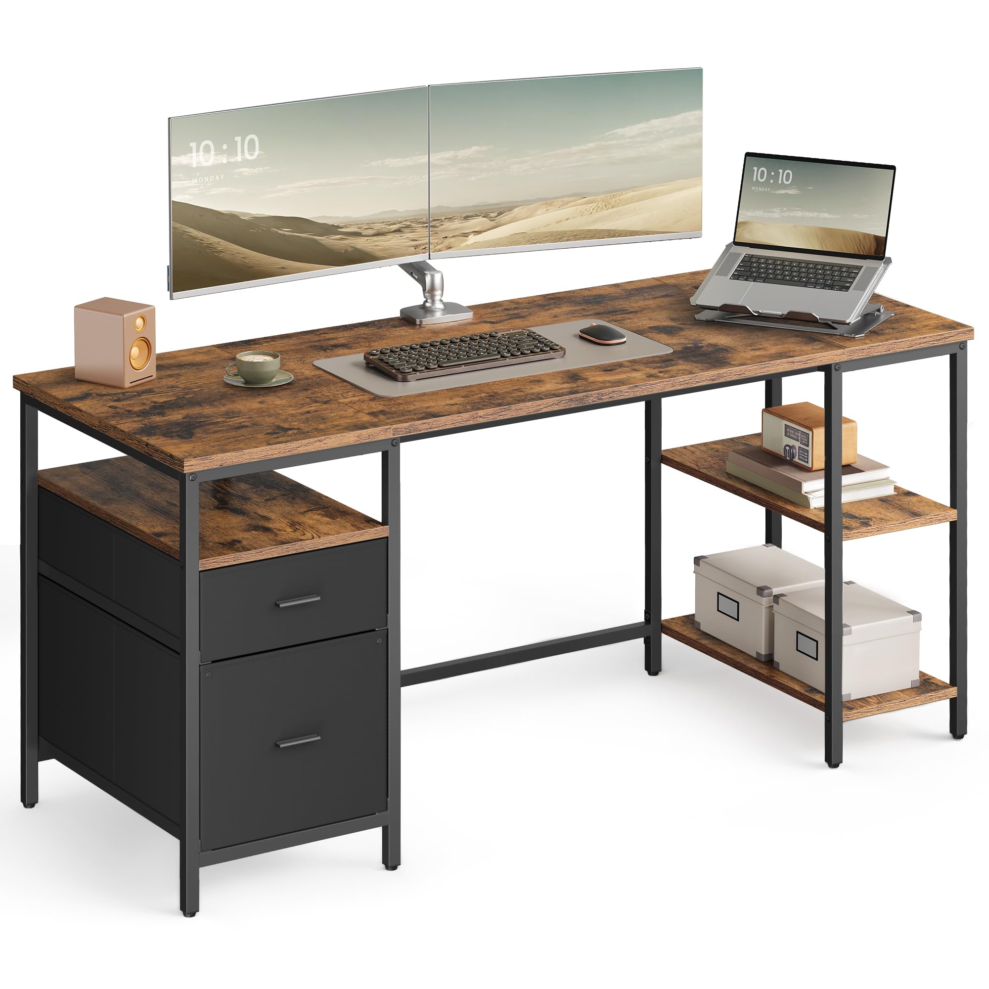 VASAGLE Computer Desk, Work Desk with Storage, 3 Shelves, 2 Drawers, 60 x 160 x 76 cm, for Home Office, Living Room, Industrial Style, Rustic Brown and Matte Black LWD105K01