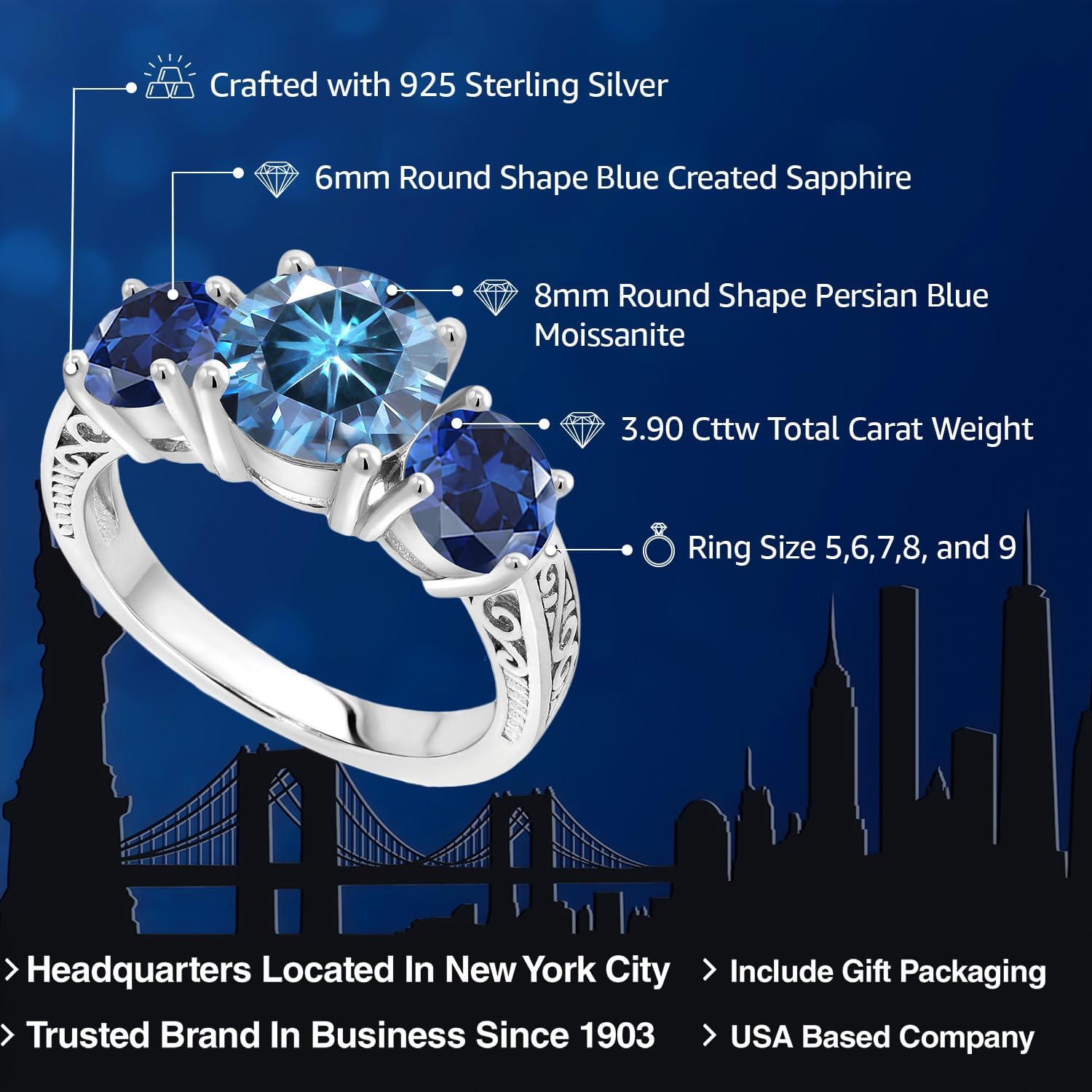 Gem Stone King 3.90 Cttw Round Persian Blue Moissanite and Blue Created Sapphire 3-Stone Ring For Women | 925 Sterling Silver | 3 Stone Wedding Engagement Anniversary Promise Ring For Women