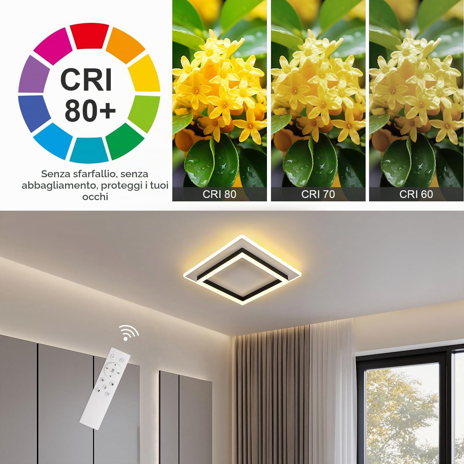 Goeco Plafoniera LED Soffitto Dimmerabile 41W 40CM, Bianco+Nero | Lampada da Soffitto Quadrata Con Telecomando 3000K-6500K Plafoniera Moderno in Acrilico per Camera da Letto Soggiorno Cucina