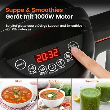 Soup Maker 1.8L Stainless Steel 1000W Multifunction Electric Soup Maker with Blender Function 4 Programs Timer Keep Warm Function Self-Cleaning for Soup & Smoothies Electric soup cooker with mixer function 4 programs timer warming function self-cleaning for soups smoothies