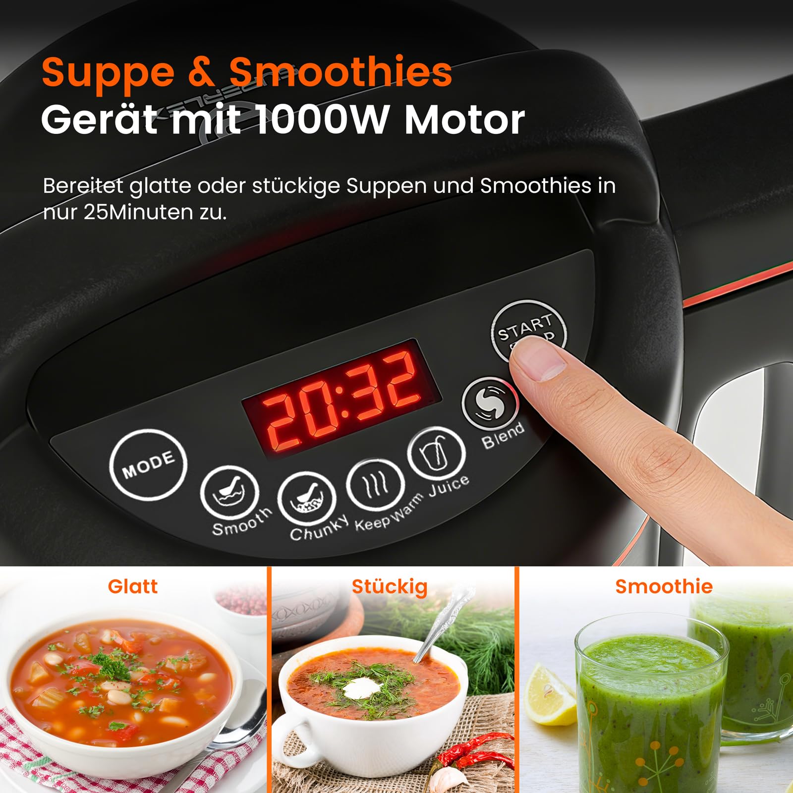Zuppa elettrica multifunzione da 1,8 l, in acciaio inox, 1000 W, con funzione mixer, 4 programmi, timer, funzione di mantenimento del calore, autopulente per zuppe frullati