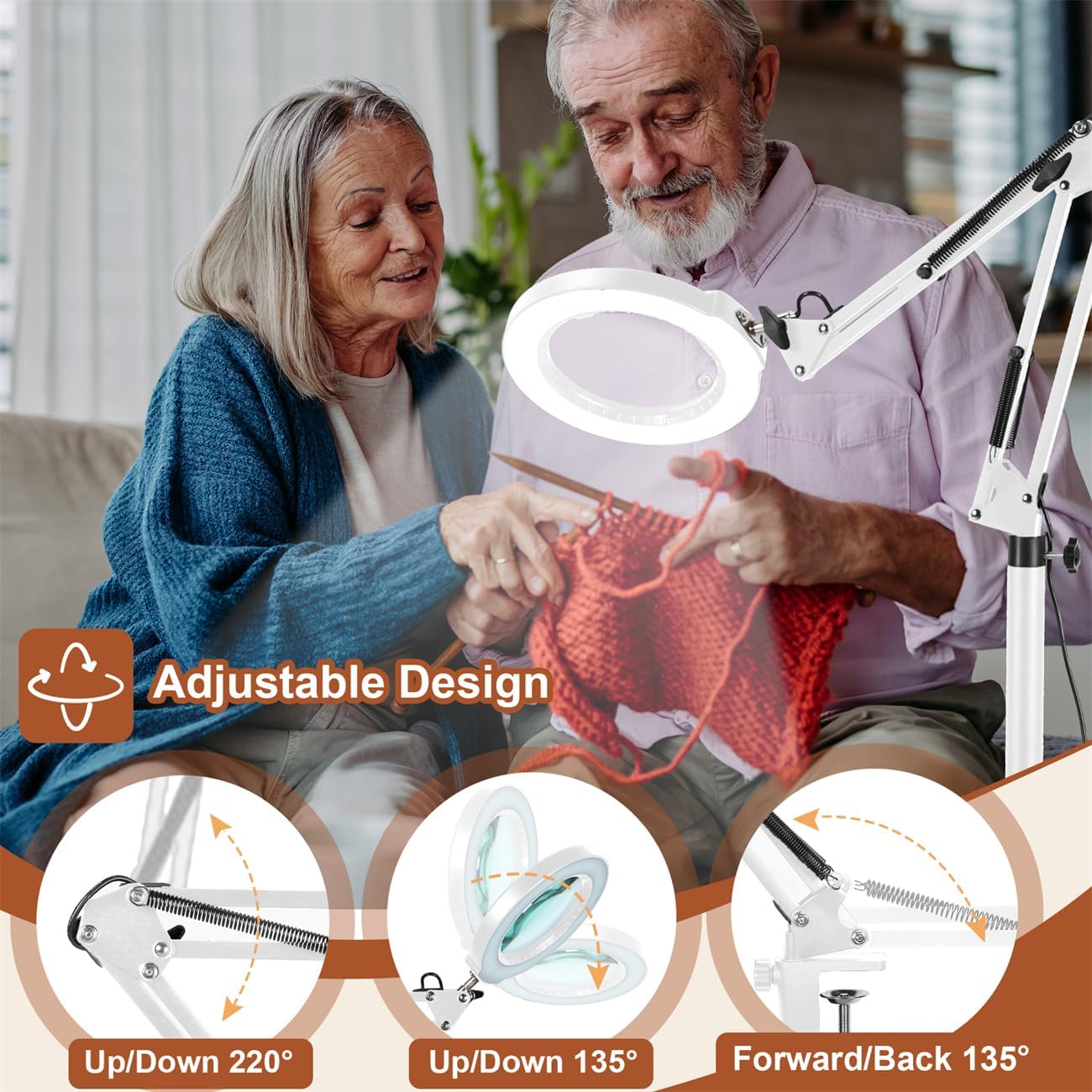 LANCOSC 10X Magnifying Glass with Light and Stand, 3-in-1 Adjustable Swing Floor Lamp, 5 Color Modes Stepless Dimmable, LED Lighted Hands Free Magnifier & Clamp for Reading, Crafts, Painting - White