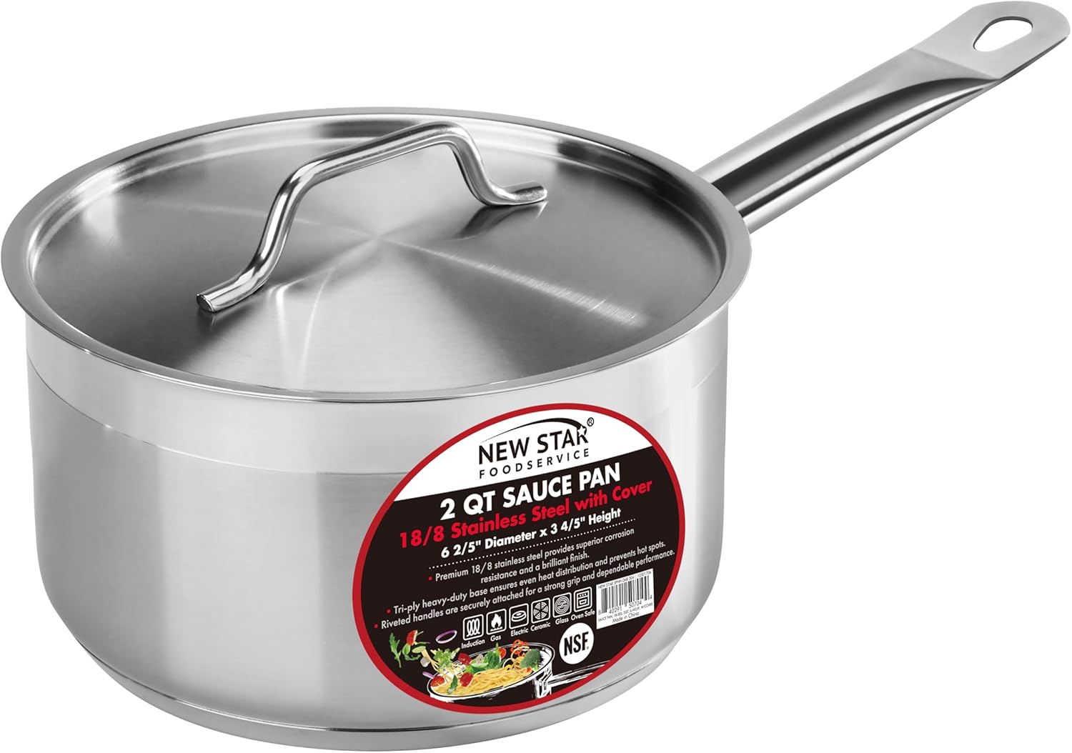 New Star Foodservice 2 Qt Stainless Steel Sauce Pan with Cover, 18/8 Stainless Steel, 3.8-Inch Depth