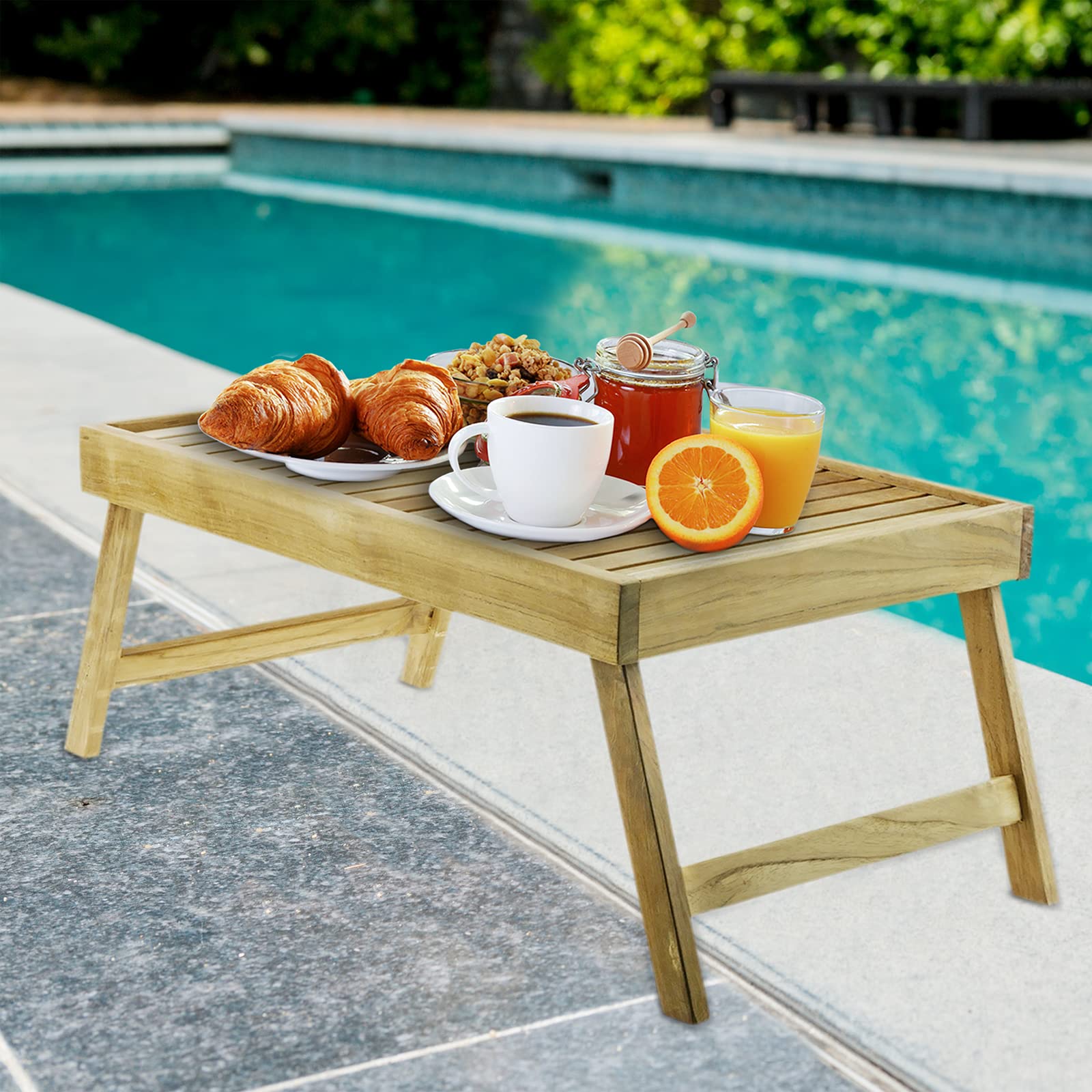 PrimeMatik - Bandeja para Cama 55 x 35 x 5 cm Plegable de Madera de Teca certificada