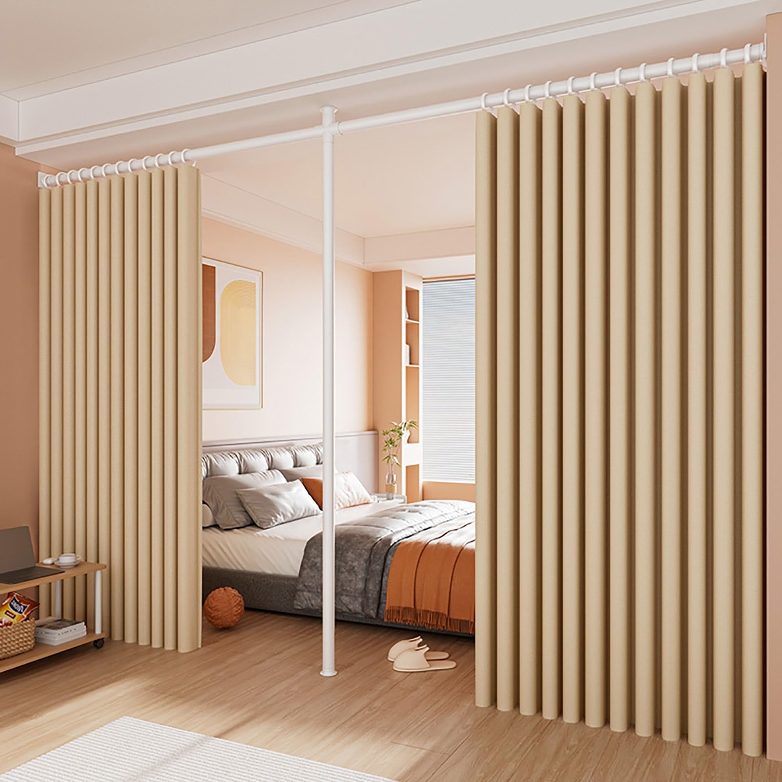 TRAGLO No Drilling Curtain Rods Room Divider Curtains Thermal Insulated Blackout Adjustable Floor to Ceiling Wall Dividers Partition Space Separator(Milk coffee,Width3.2m~4.2m)