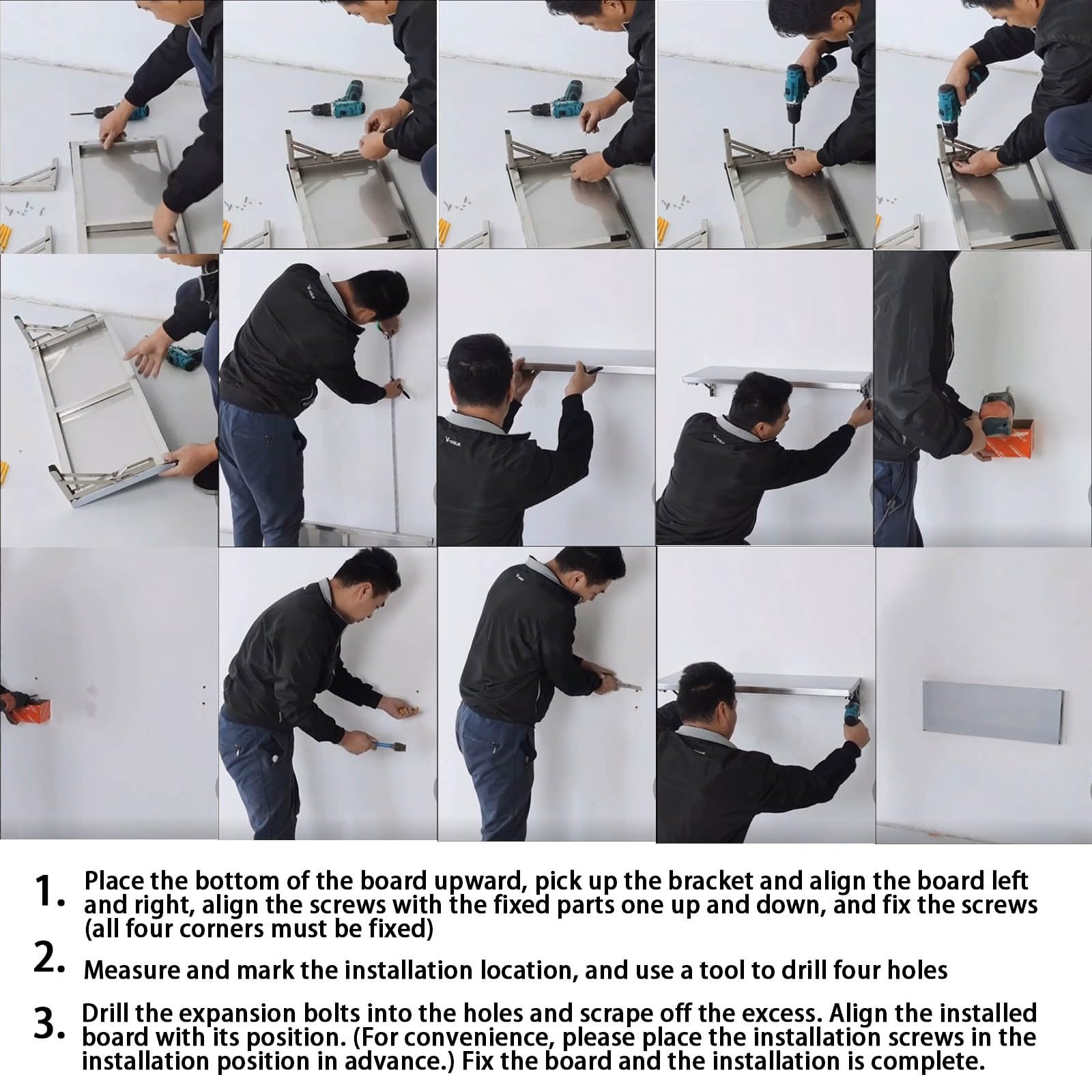 Table murale rabattable table murale pliante fixée au mur table de cuisine murale,Fabriqué en acier inoxydable 304, support pliant en acier inoxydable épaissi,peut supporter jusqu'à 150 kg de poids,(S