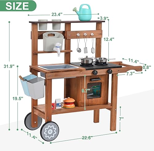 Miniatura 2 de OLLIKIVI Cocina de barro para niños al aire libre, cocina de juego de madera con fregadero extraíble, grifo, estantes de almacenamiento, patio