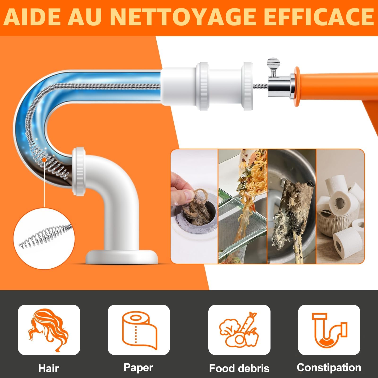 Furet Déboucheur Canalisation - 10M Furet Plomberie Flexible avec Gants, Sac de Rangement - Spirale de Nettoyage de Canalisations pour Cuisine, la Salle de Bain, l'Égouttement et l'Évier | Ressorts en acier galvanisé haute résistance de 10 m de long