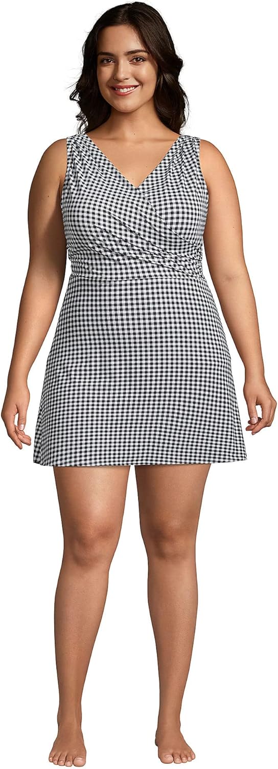 Lands' End Womens Chlorine Resistant Surplice Swim Dress Control Black/White Gingham Plus 22w