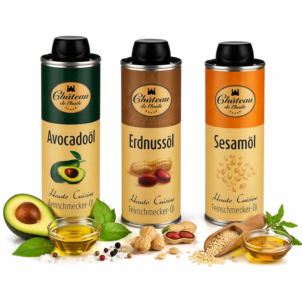 Château de l’huile Bowl-Set 3er – Avocadoöl, Erdnussöl & Sesamöl | Premiumöl-Set, UV-Licht geschützte Dose - kaltgepresst & geröstet – Ideal für Bowls,Wokgerichte & gesunde Küche