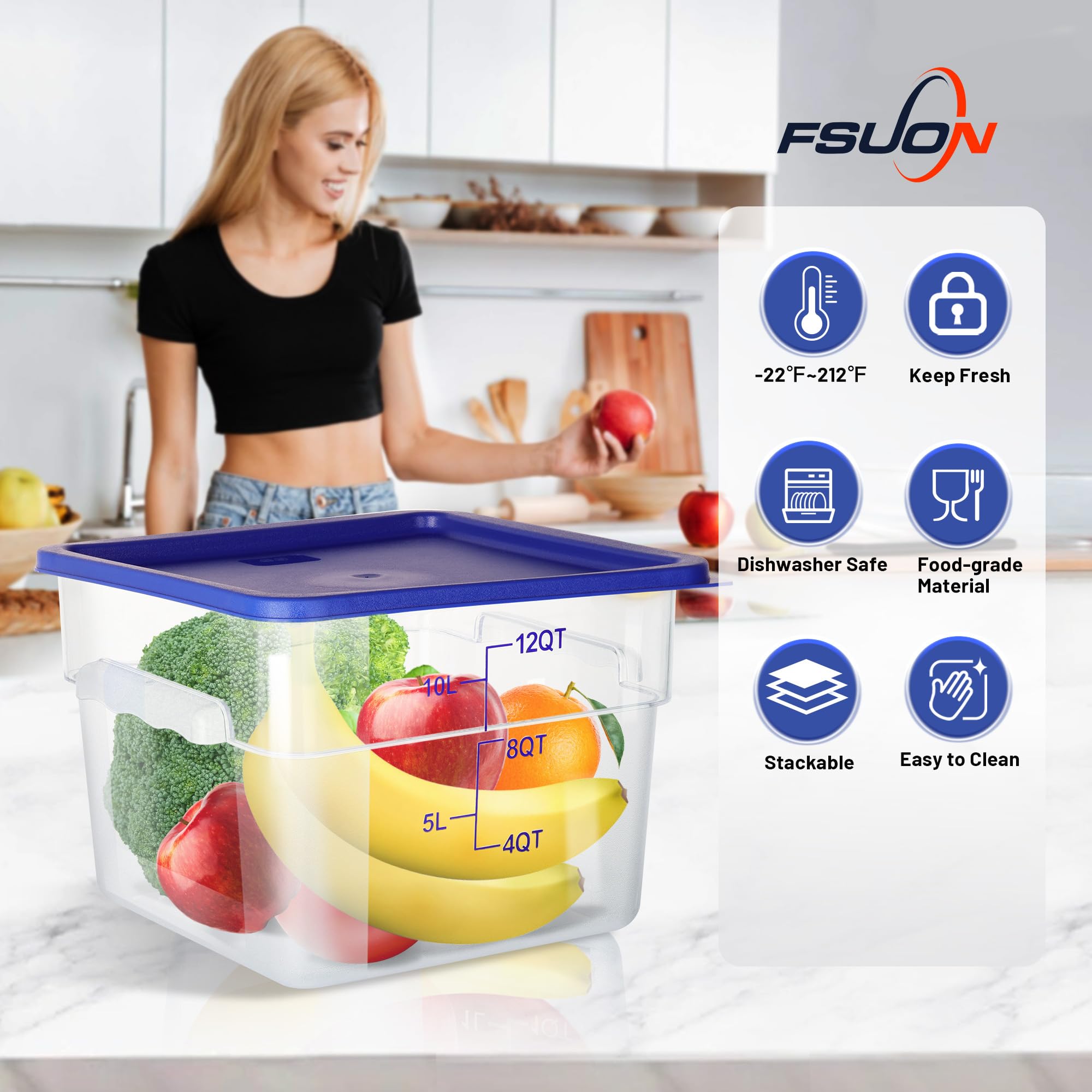 Paquete de 4 recipientes transparentes para almacenamiento de alimentos con tapas y asas, contenedores cuadrados de policarbonato para alimentos, NSF (12 cuartos de galón)