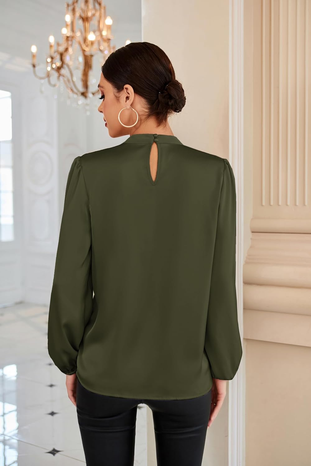 grace karin women's long sleeve satin blouse,mock neck work silk shirts,dressy tops for business casual office large olive green