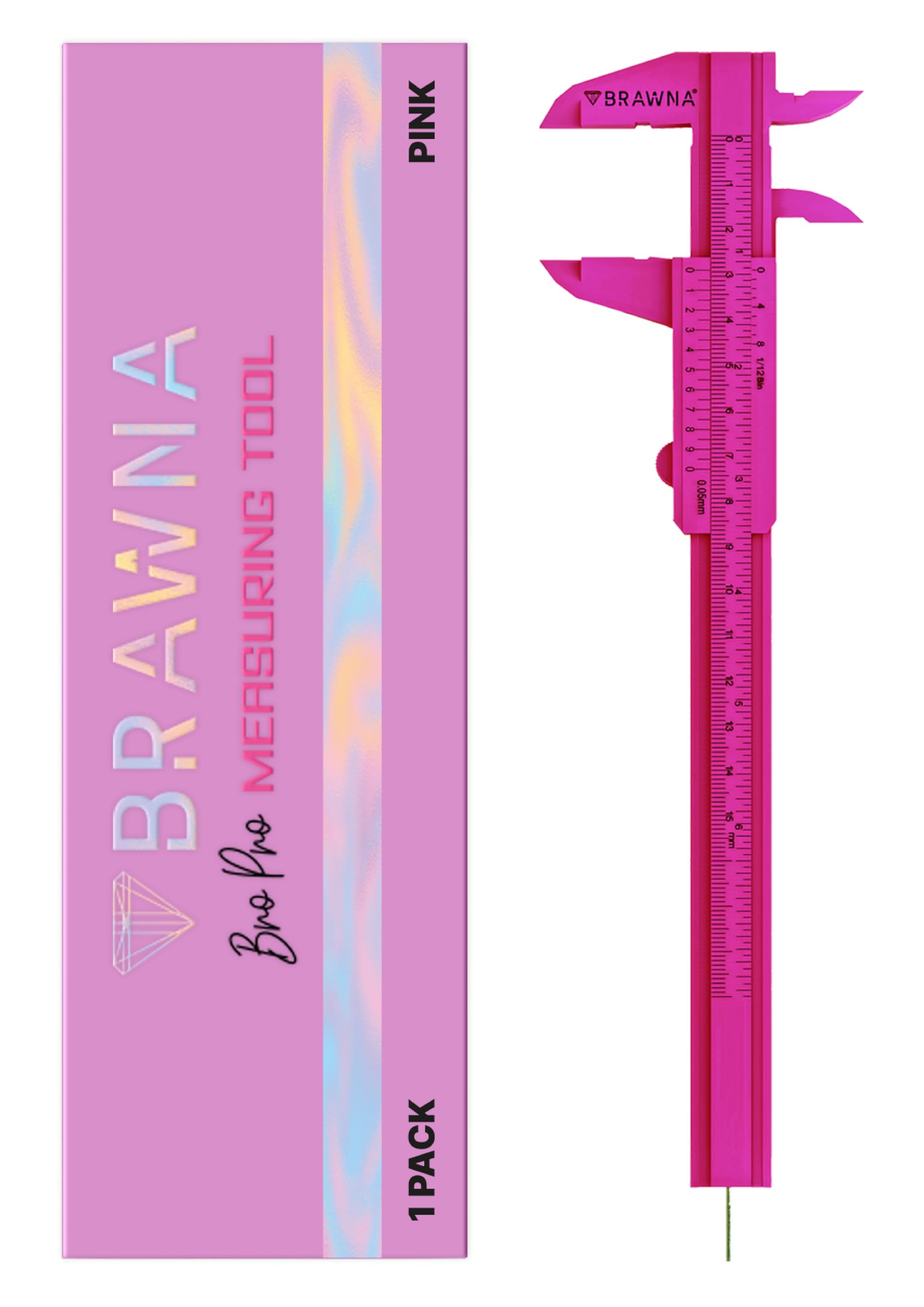 BRAWNA 1 Pc Brow Pro Measuring Tool with 1 Eyebrow Ruler Sticker - Double Scale Eyebrow Ruler for Microblading - Eyebrow Mapping - Caliper Vernier - PMU Supplies - Eyebrow Calipers Ruler Plastic- Pink