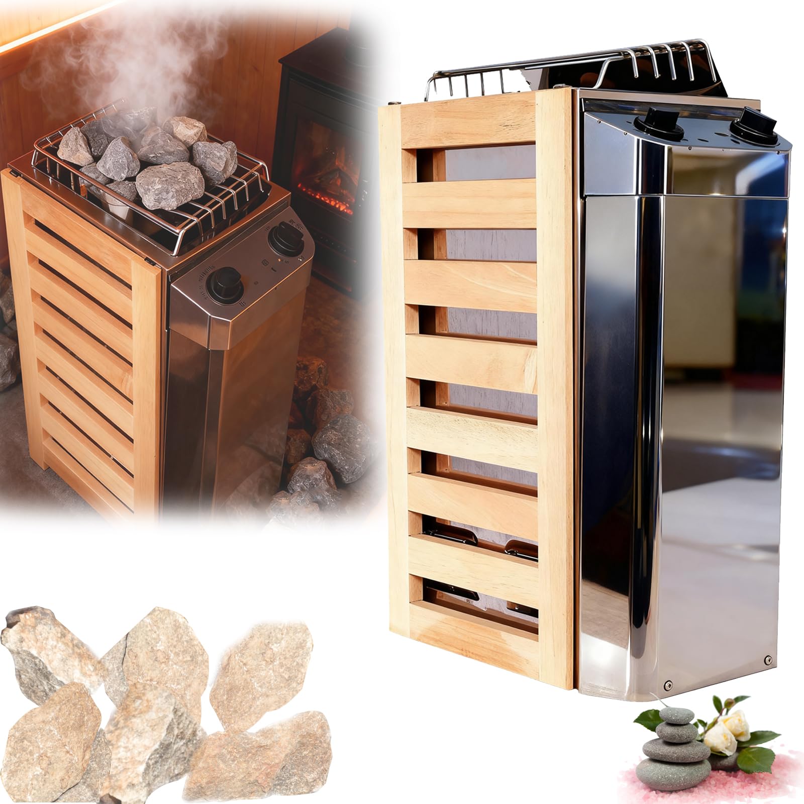Calentador Sauna Eléctrico 3,6 Kw Acero Inoxidable Controlador Digital Temporizador 3 Horas Pared