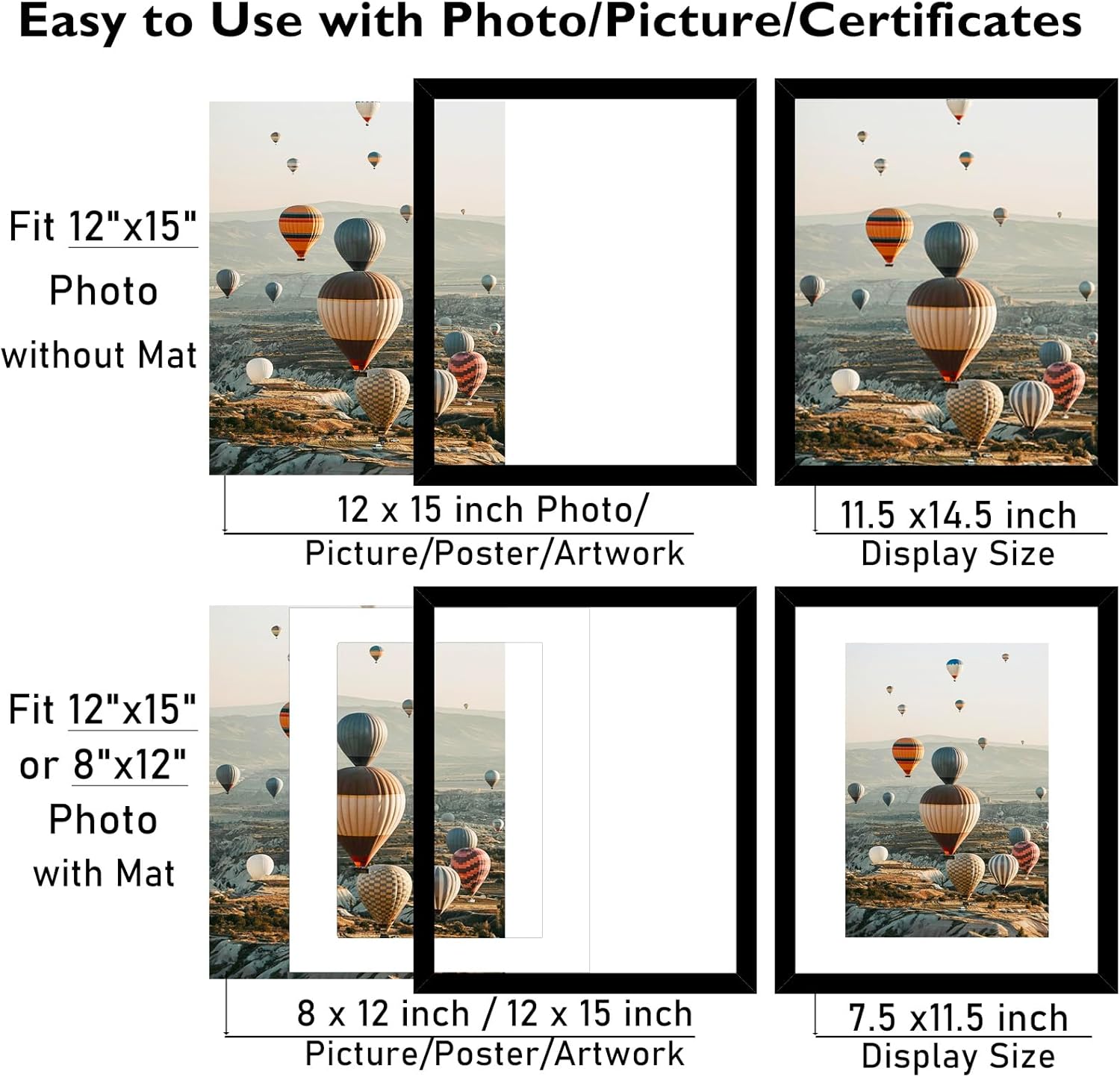 JCJMY 12x15 Picture Frame with Mat, Display 8x12 with Mat or 12 x 15 without Mat, Wood 12 by 15 Photo Frames for Wall Hanging, 4 Pack, Black